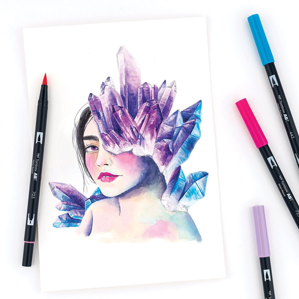 Tombow Dual Brush Pens - Galaxy Colors, Set of 10. Sample artwork of women with crystals. Tombow Dual Brush Pens - Galaxy Colors, Set of 10. Sample artwork of women with crystals.