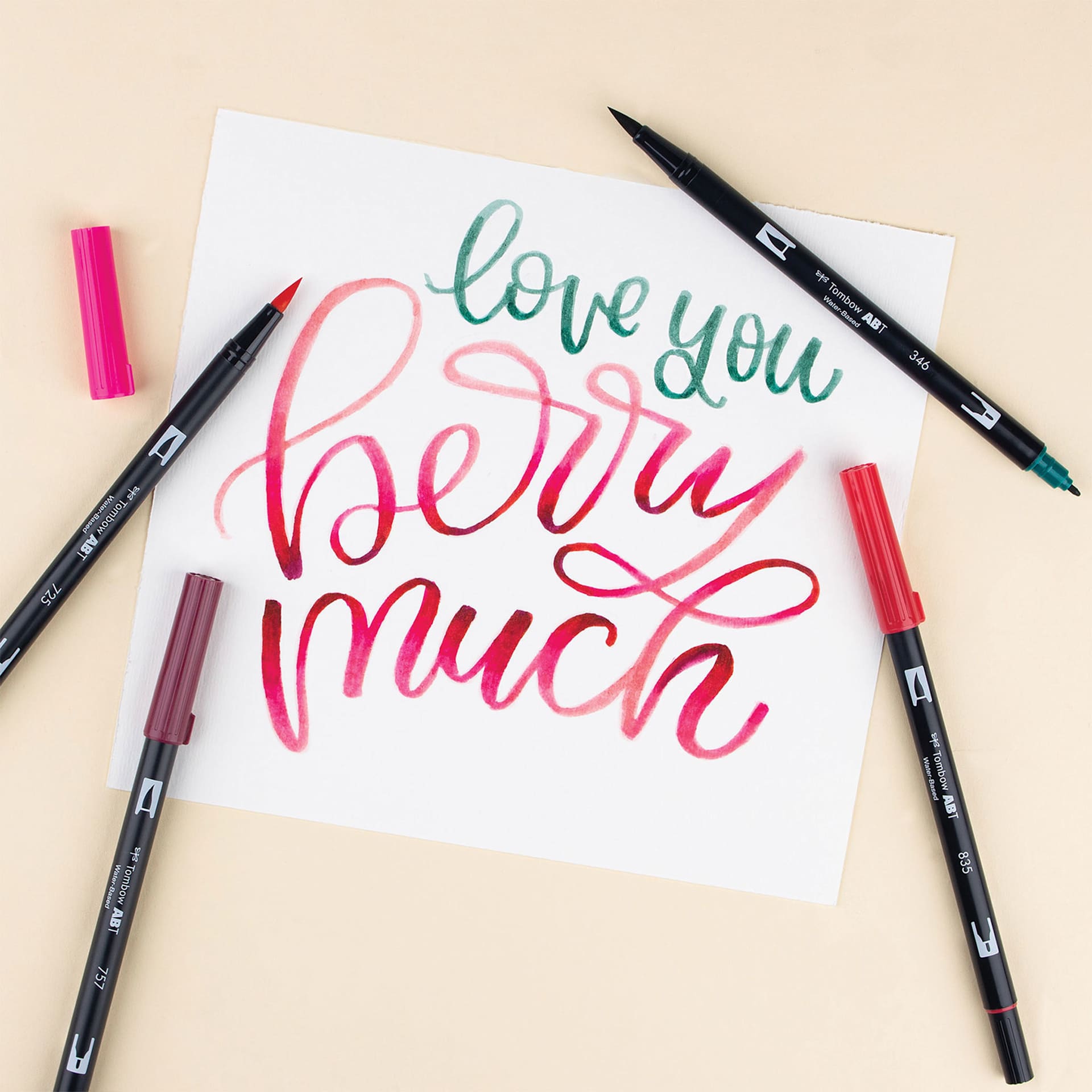Tombow Dual Brush Pens - Very Berry, Set of 6, "love you berry much" written on paper