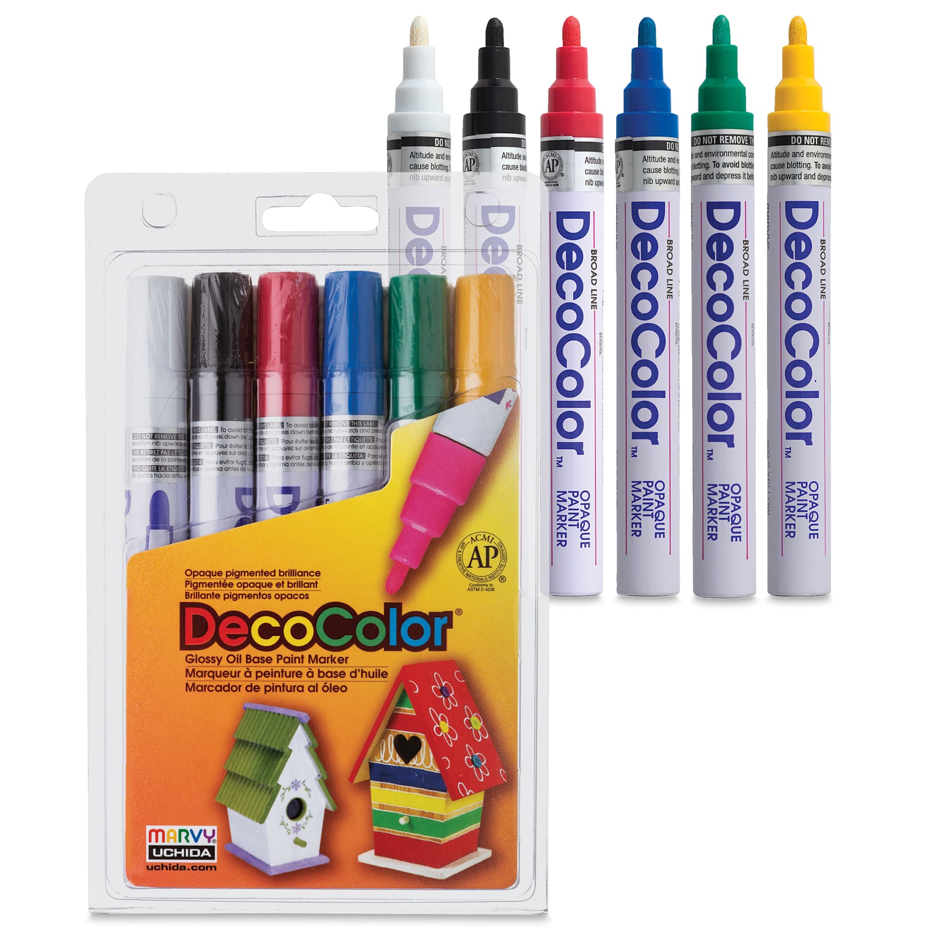Decocolor Paint Markers - Set of 6, Primary Colors, Broad Tip, packaging and contents