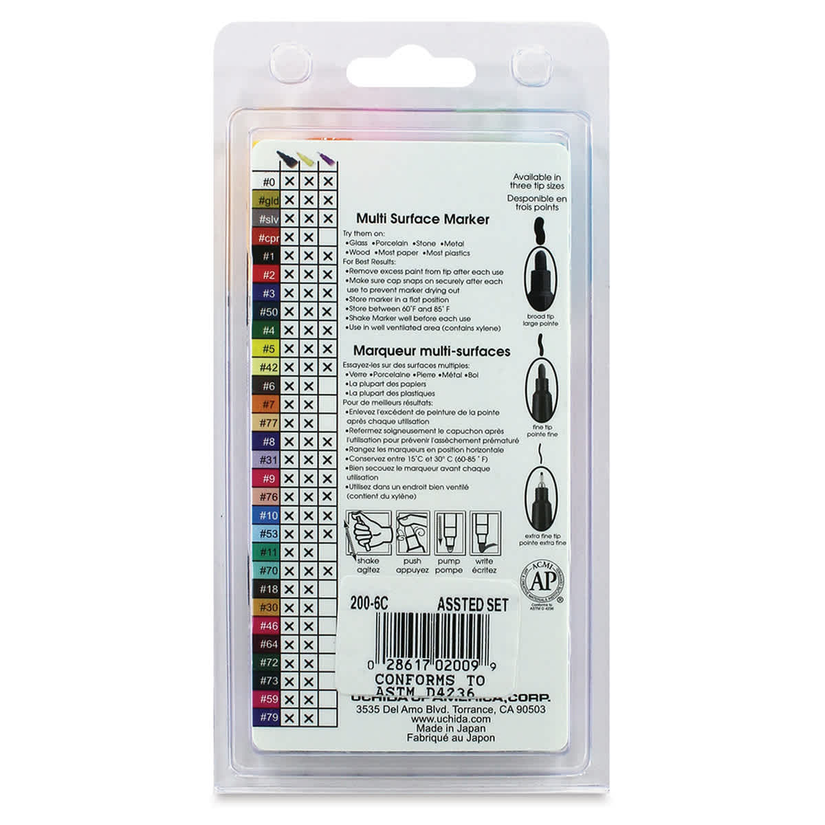 Decocolor Paint Markers - Hot Colors, Fine Tip, Set of 6 (back of package)