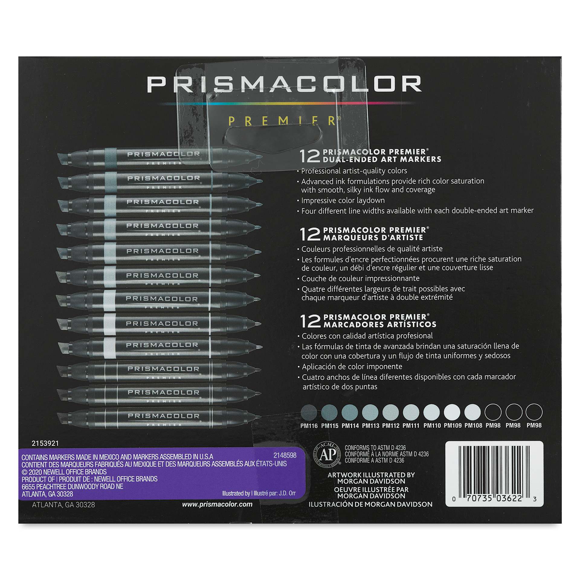 Prismacolor Premier Dual-Ended Art Marker Set - Cool Grays, Set of 12 (back of box)