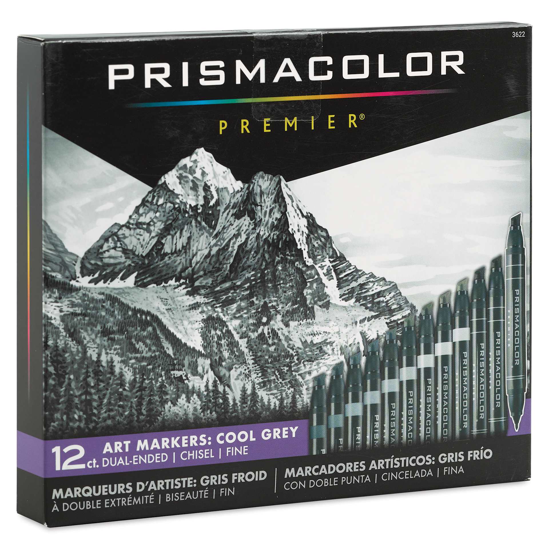 Prismacolor Premier Dual-Ended Art Marker Set - Cool Grays, Set of 12 (front of box)