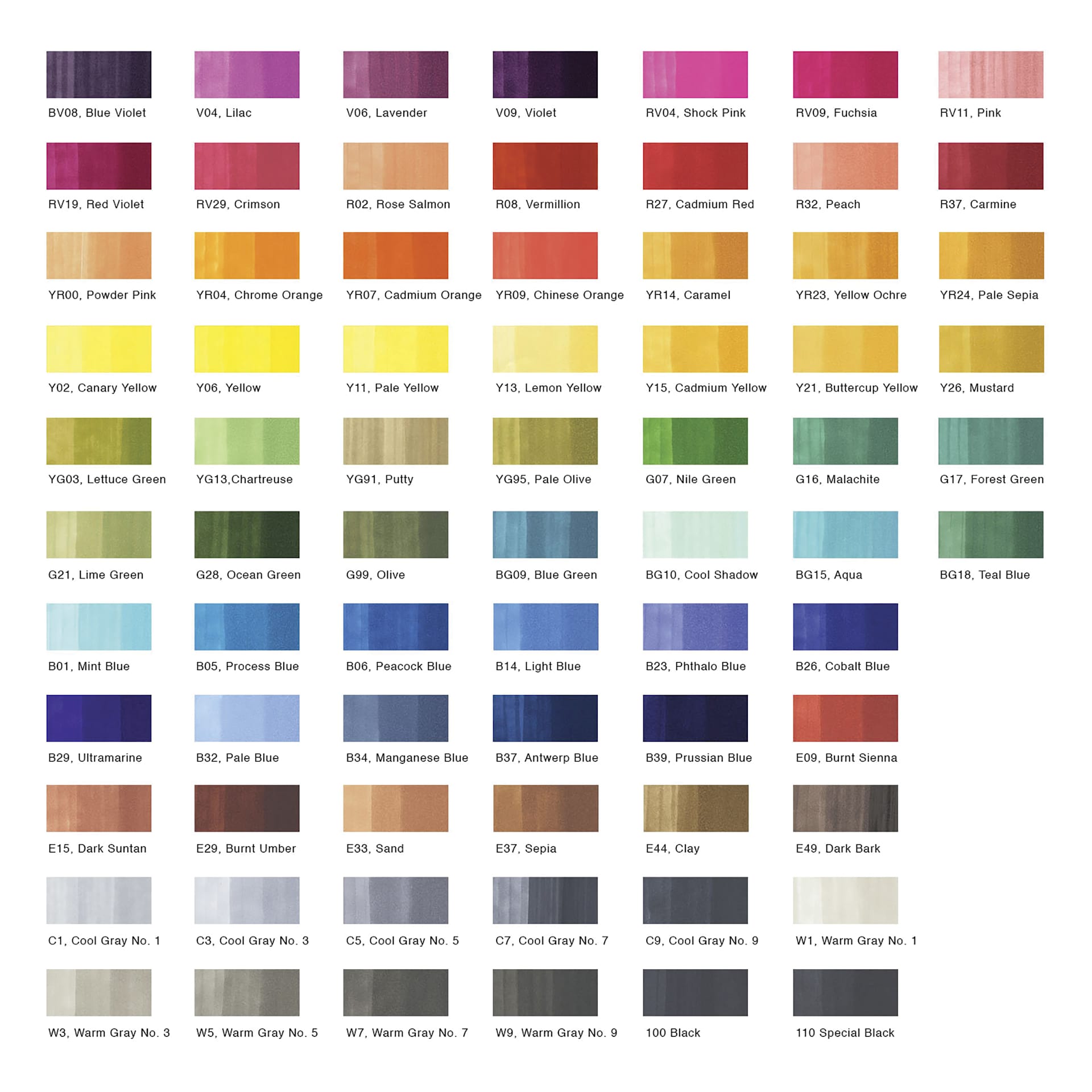 Copic Sketch Marker Set - Color Set A, Set of 72, color swatches Copic Sketch Marker Set - Color Set A, Set of 72, color swatches