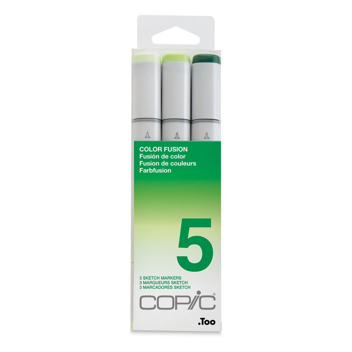 Copic Sketch Markers, Set of 3. Color Fusion 5. Front of package, light to dark green colors.