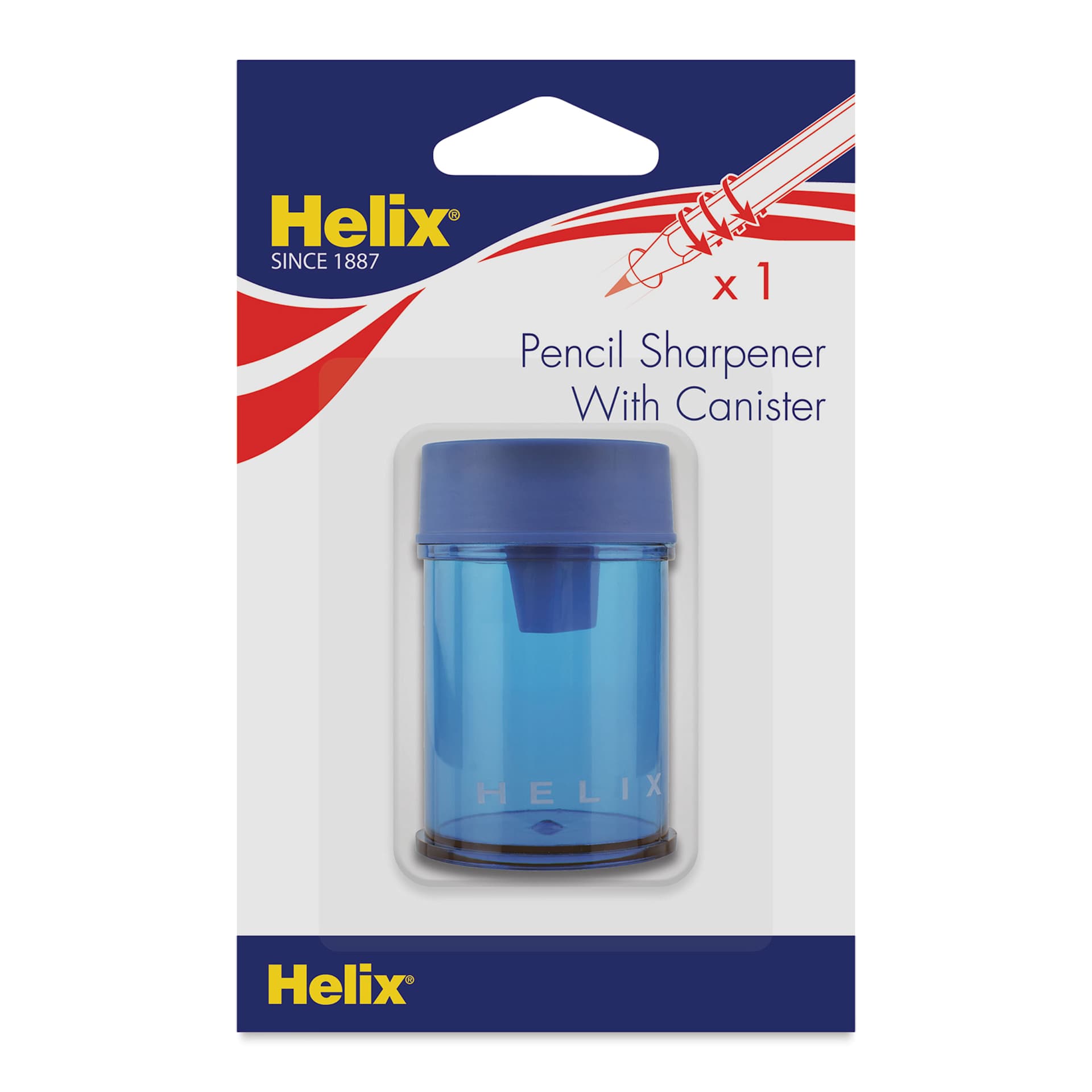 Helix Hand-Held Pencil Sharpener - Single Hole, front of the packaging of the Blue sharpener Helix Hand-Held Pencil Sharpener - Single Hole, front of the packaging of the Blue sharpener