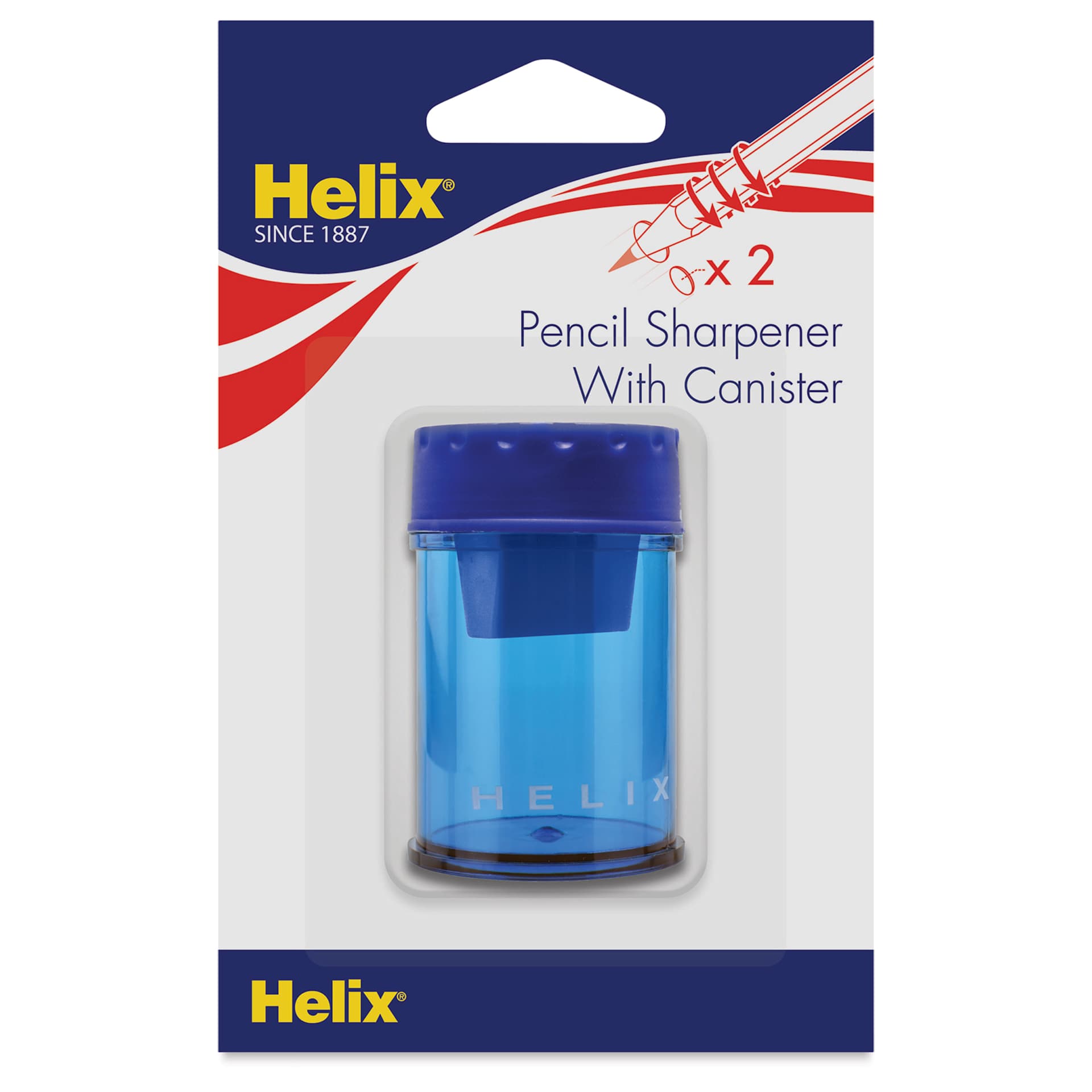 Helix Hand-Held Pencil Sharpener - Double Hole, front of the packaging of the Blue sharpener