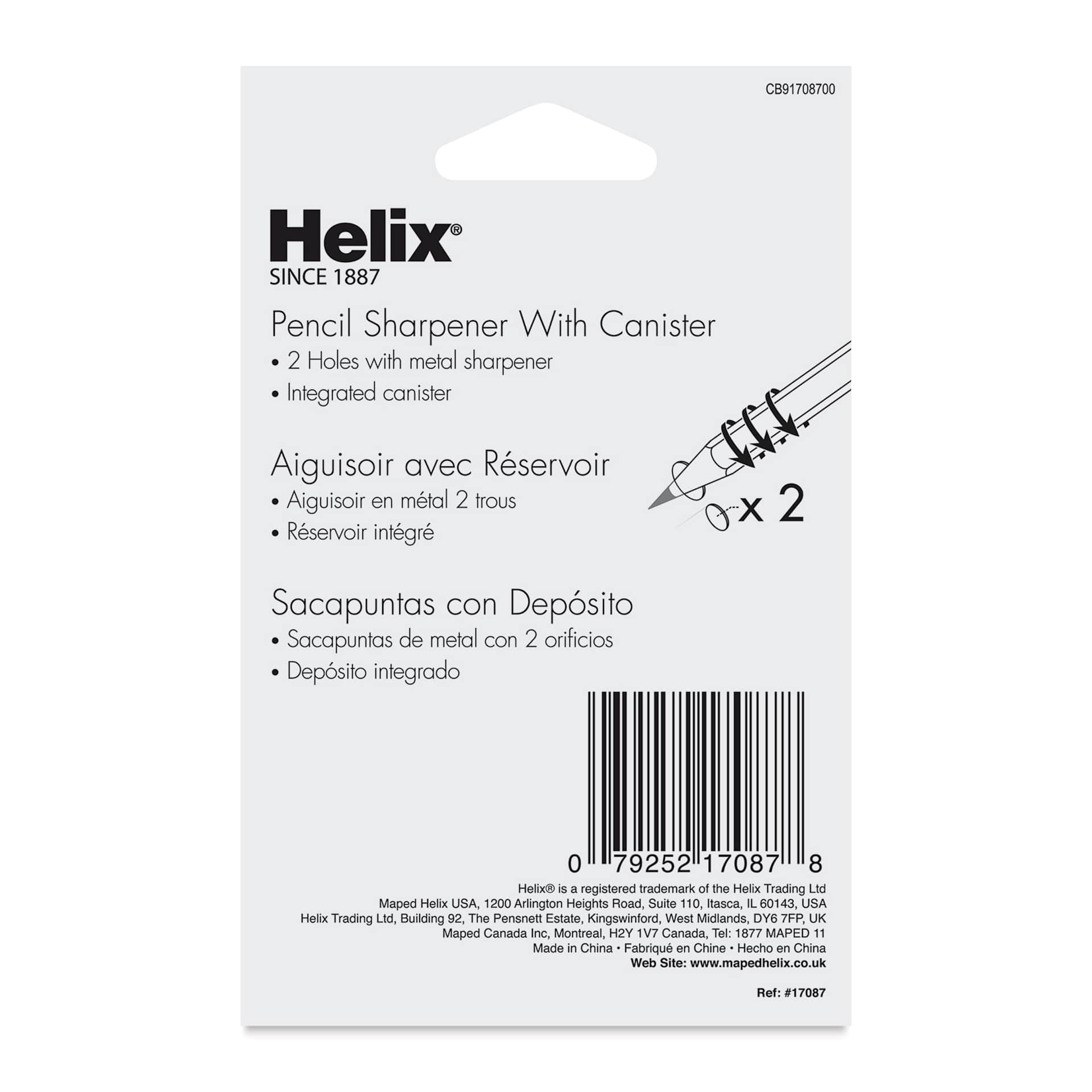 Helix Hand-Held Pencil Sharpener - Double Hole, back of the packaging
