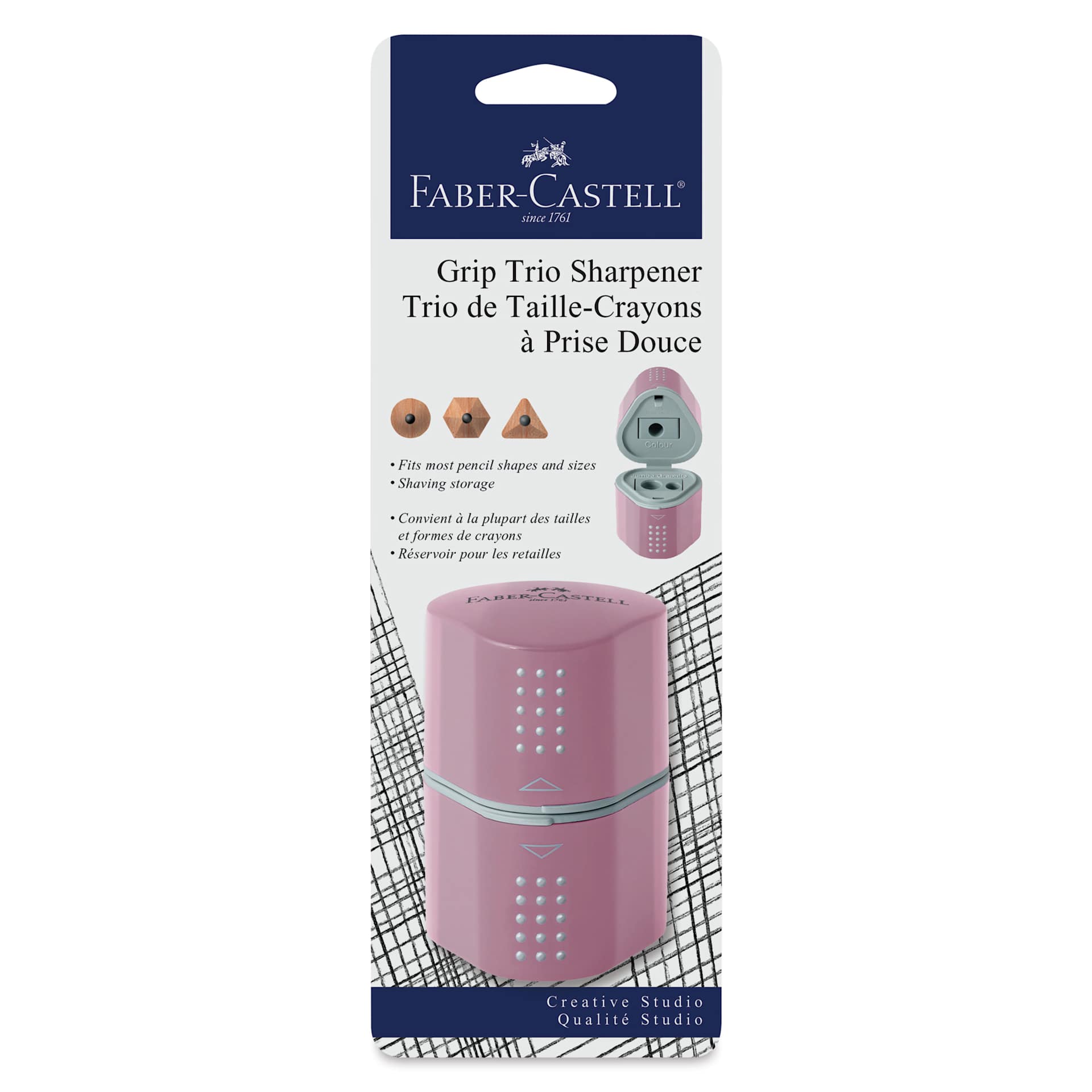 Faber-Castell Grip Trio Sharpener - 3 Hole, Rose Shadows in package Faber-Castell Grip Trio Sharpener - 3 Hole, Rose Shadows in package