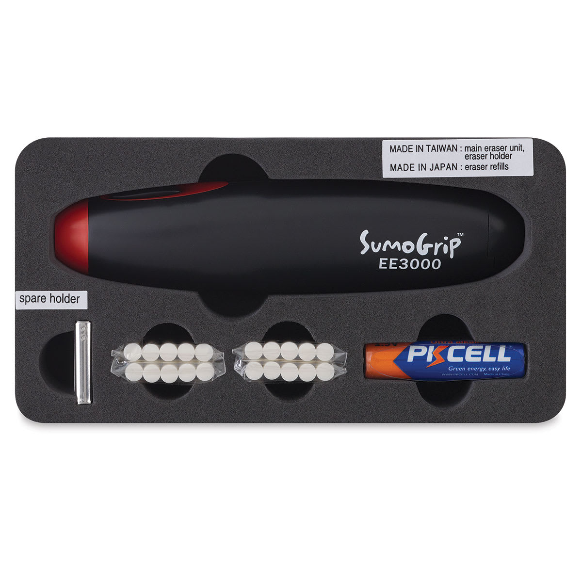 Sakura Cordless Electric Eraser - Eraser, refills and batteries shown in storage tray
Sakura Cordless Electric Eraser - Eraser, refills and batteries shown in storage tray