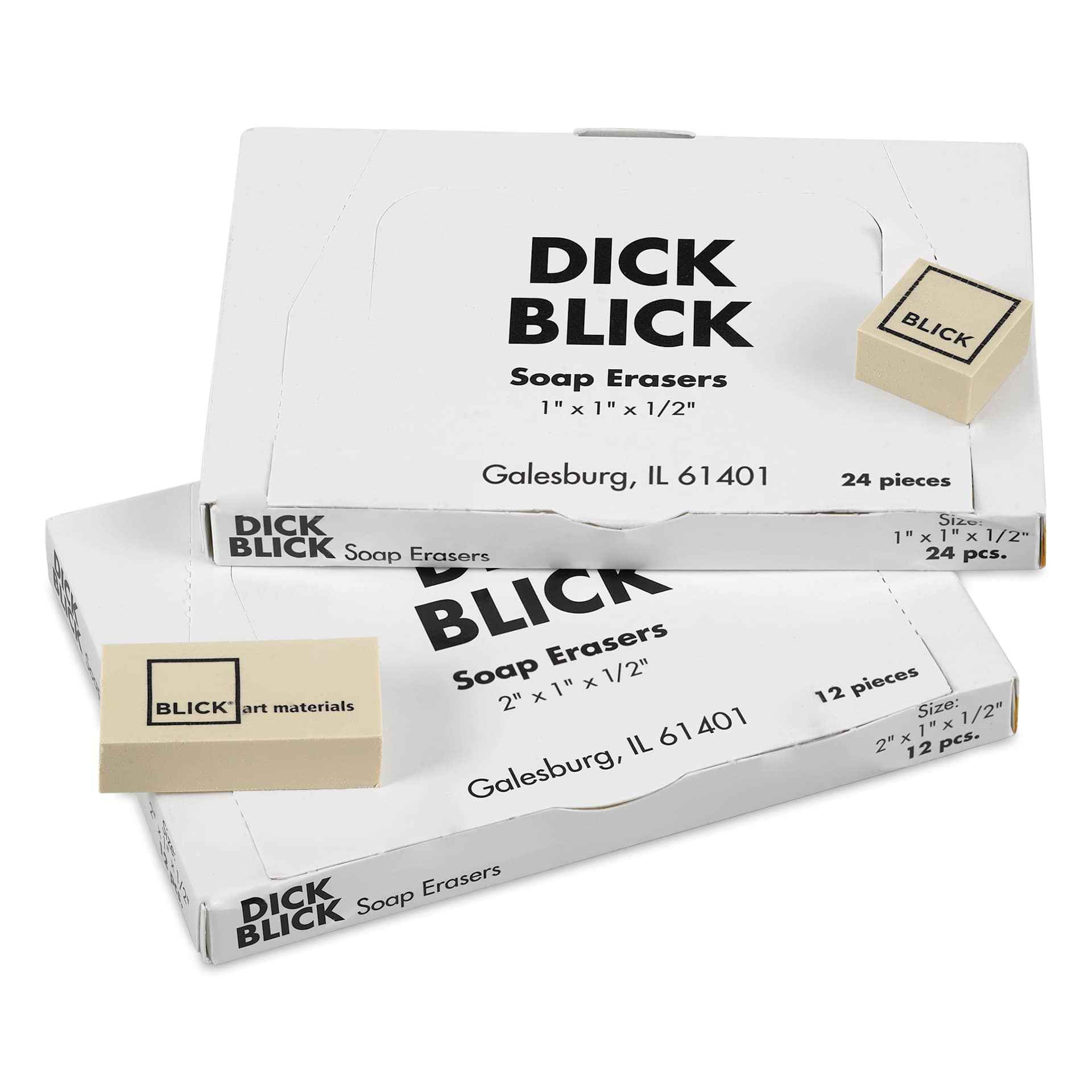 Blick Soap Erasers, packaging of both the Small and Large size erasers