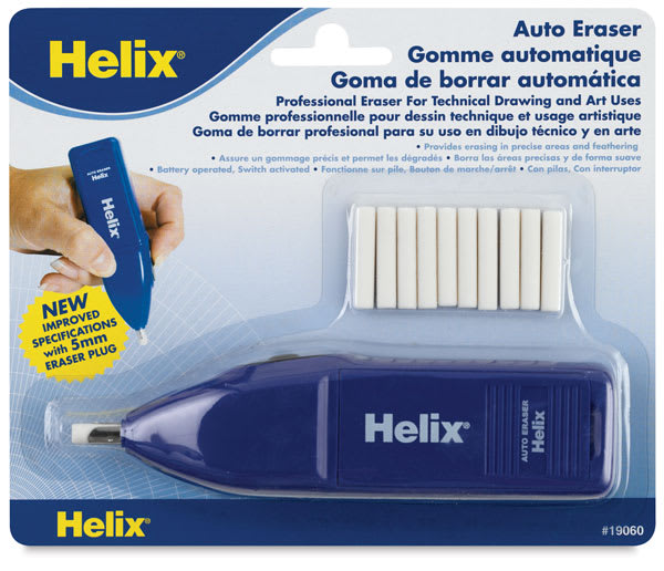 Helix Automatic Cordless Eraser - Front of blister package showing eraser tool and 10 refill erasers