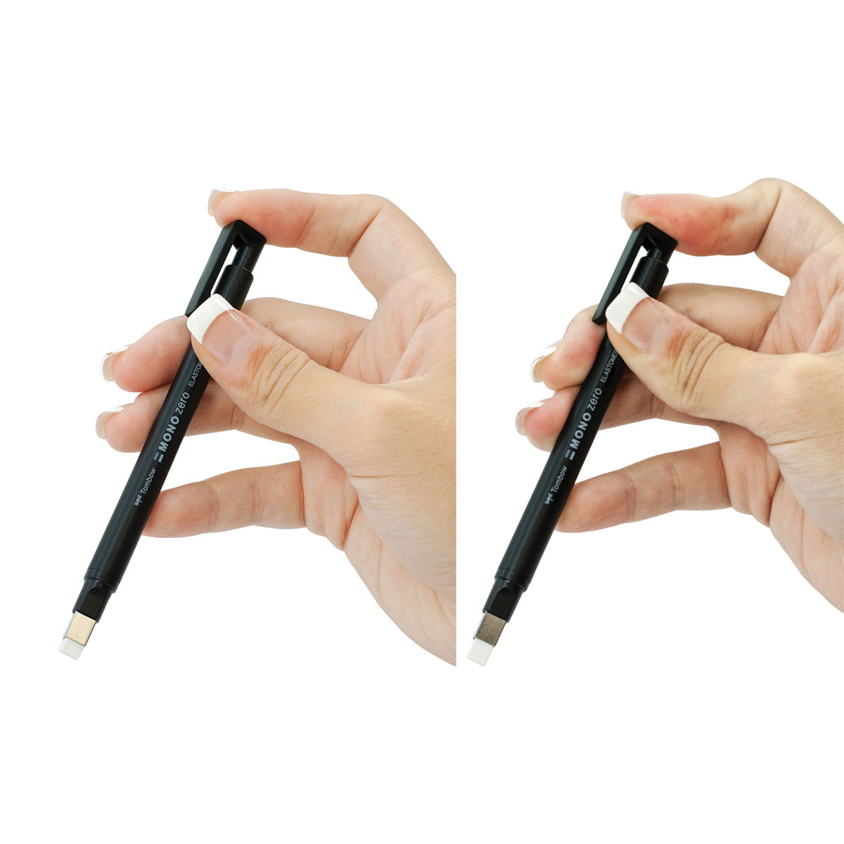 The clip end depresses to extend the eraser on the Tombow Mono Zero Refillable Erasers. (Rectangular)