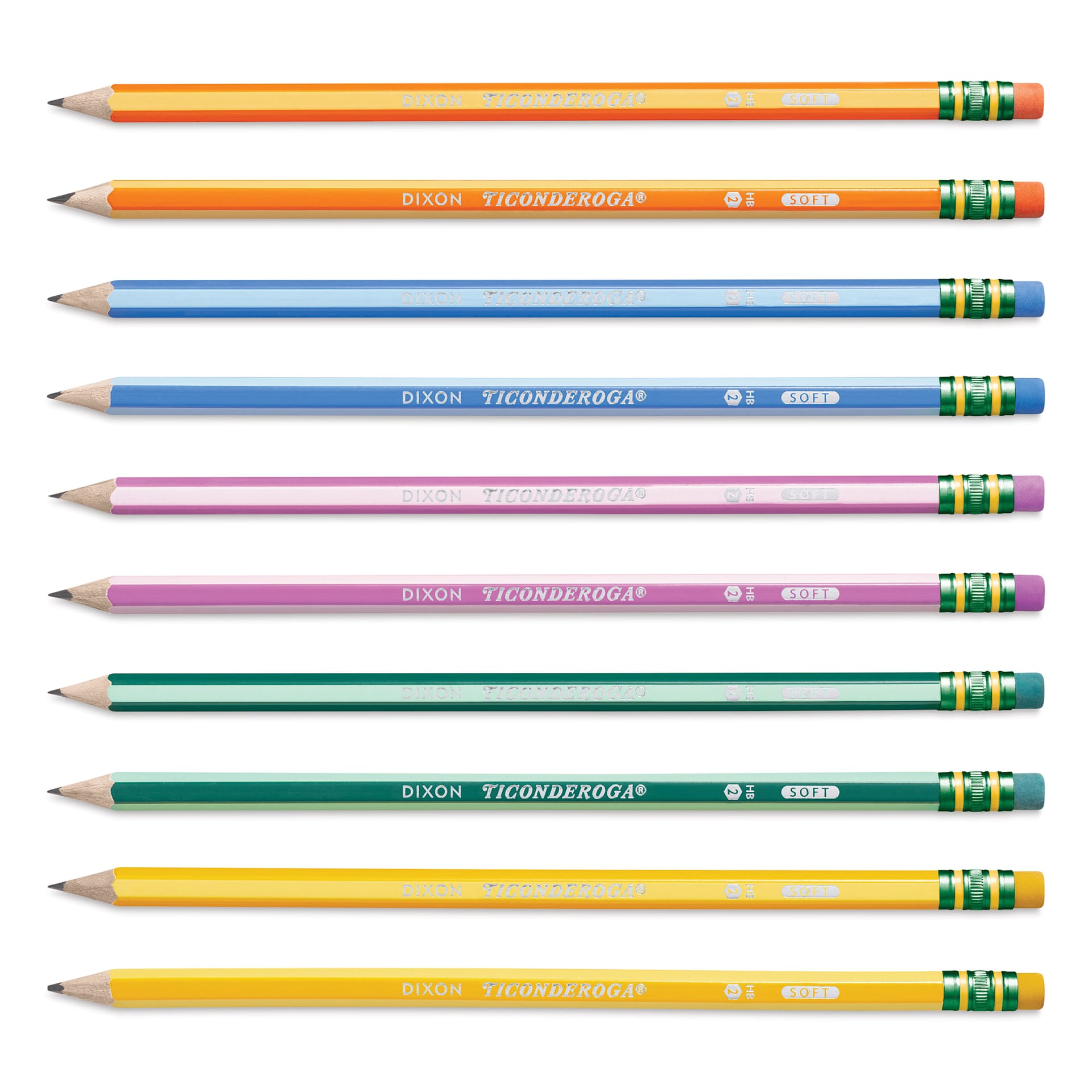 Ticonderoga No. 2 Striped Pencil - Assorted, Pkg of 10, pencils laid out