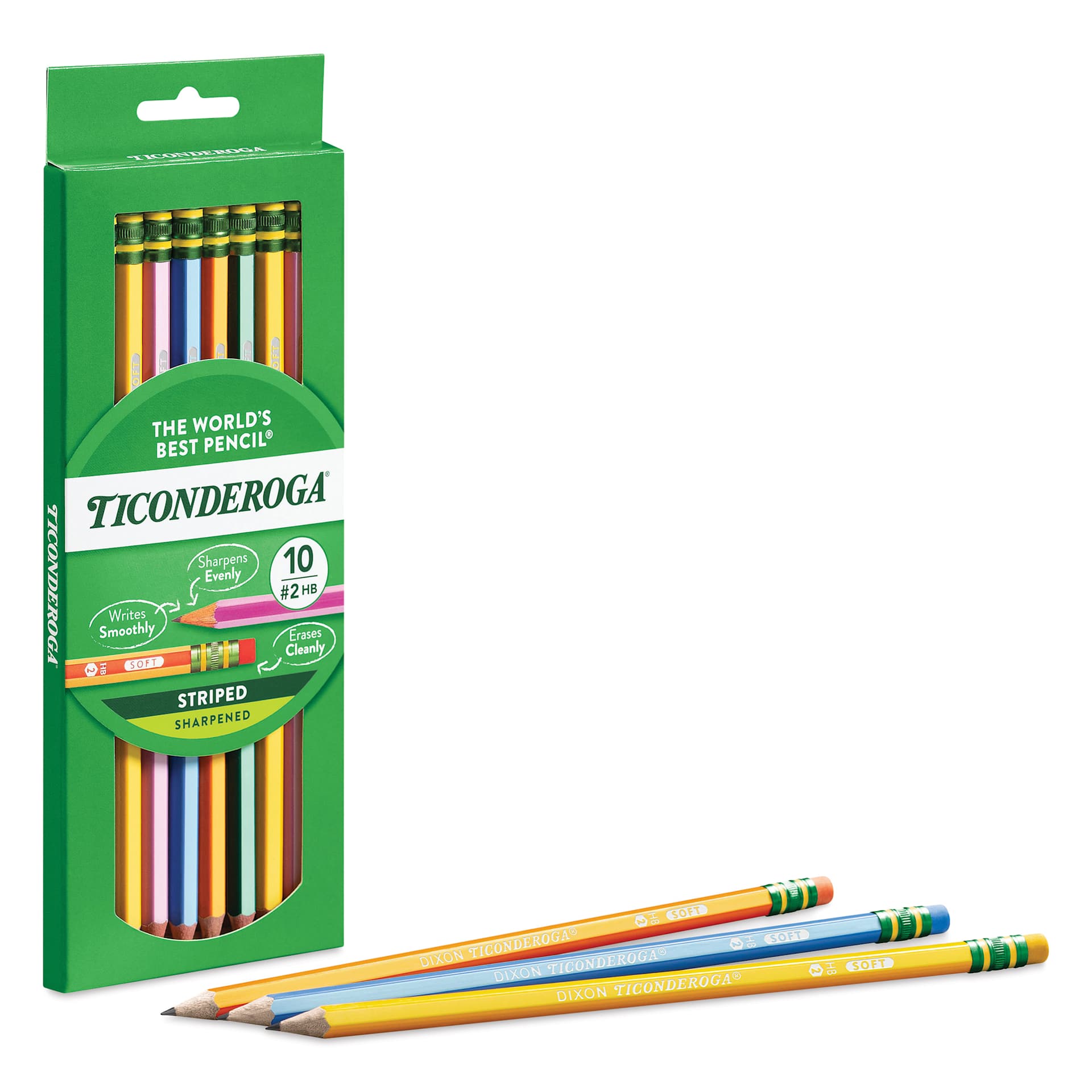Ticonderoga No. 2 Striped Pencil - Pkg of 10, thee pencils laid in front of packaging