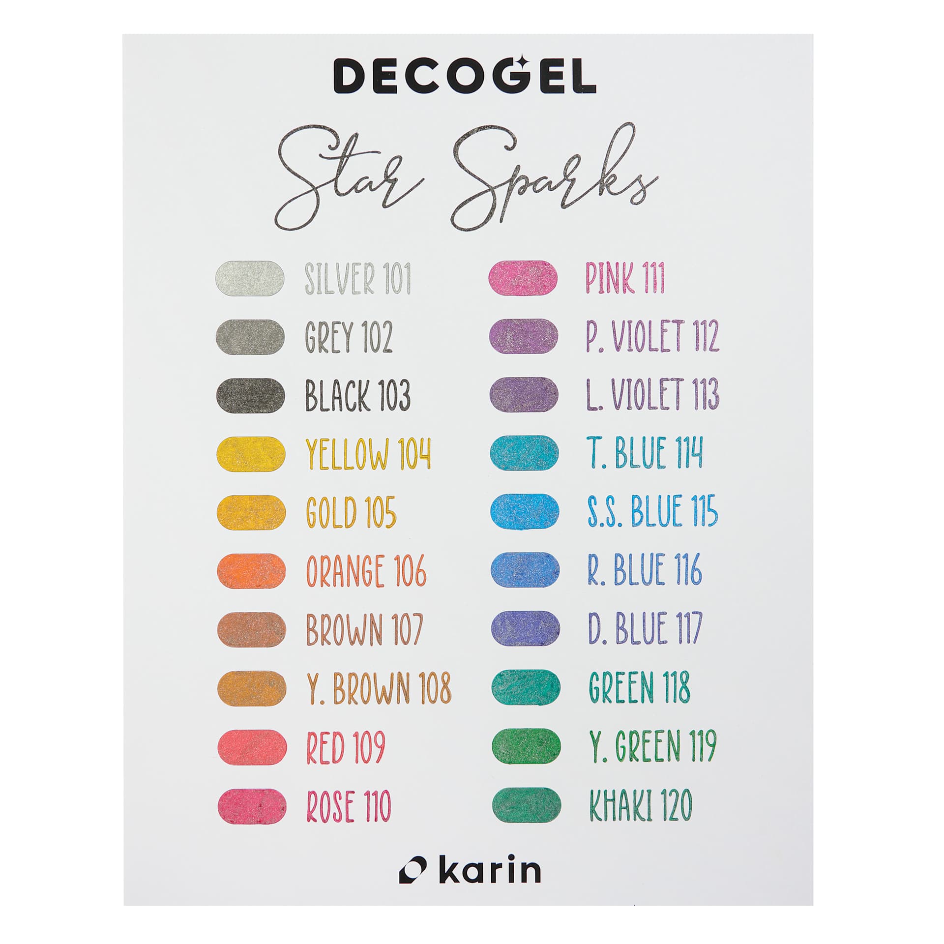 Karin DecoGel StarSparks Pens, color swatch card