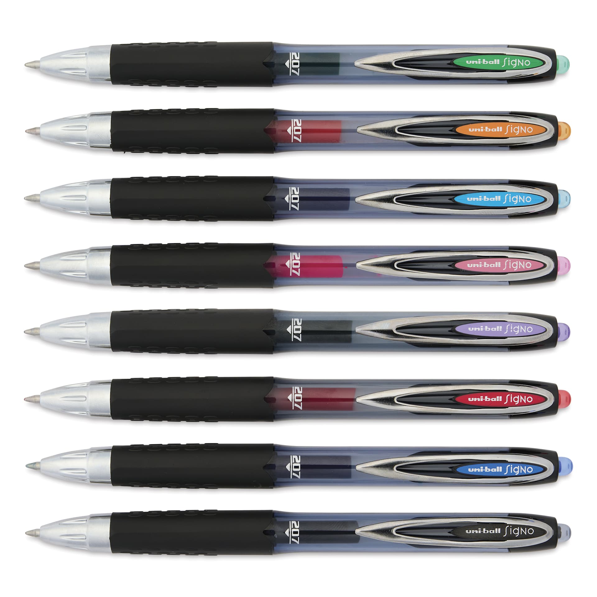 Uni-Ball Signo 207 Rollerball Gel Pens - Assorted Colors, 0.7 mm, Set of 8, tips shown