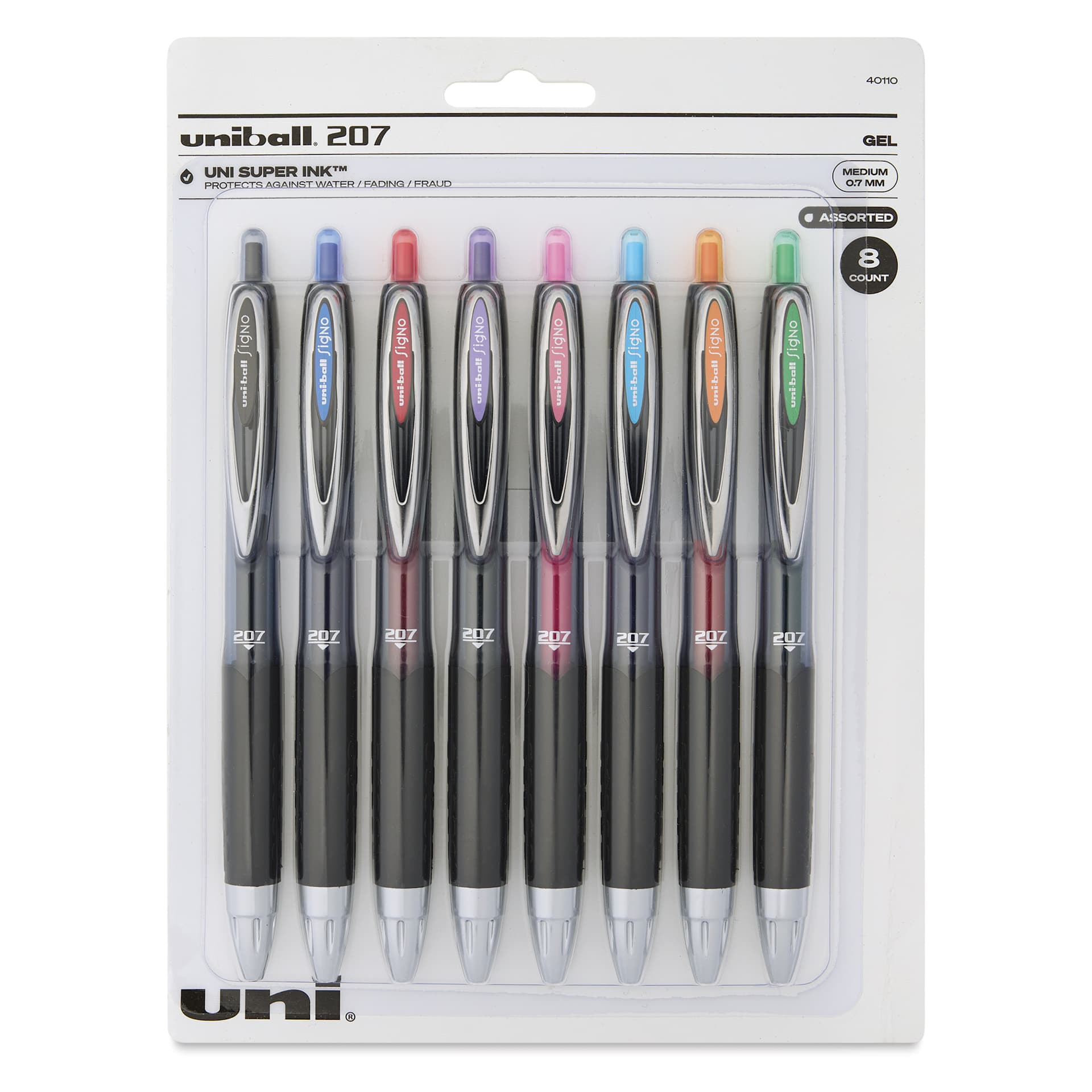 Uni-Ball Signo 207 Rollerball Gel Pens - Assorted Colors, 0.7 mm, Set of 8, front of the packaging