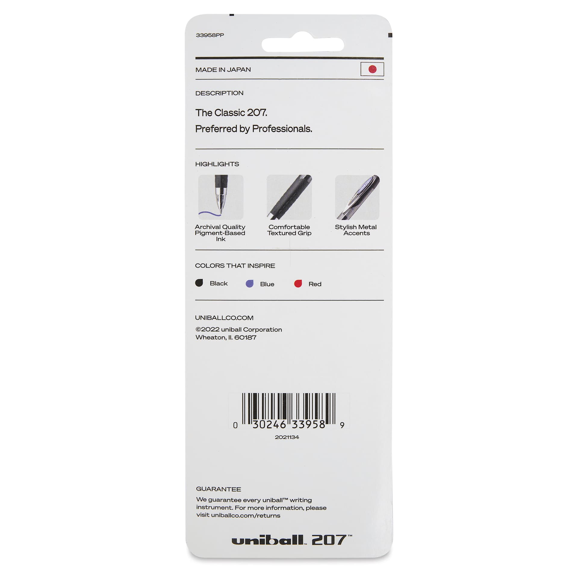 Uni-Ball Signo 207 Rollerball Gel Pens - Assorted Colors, 0.7 mm, Set of 3, back of the packaging