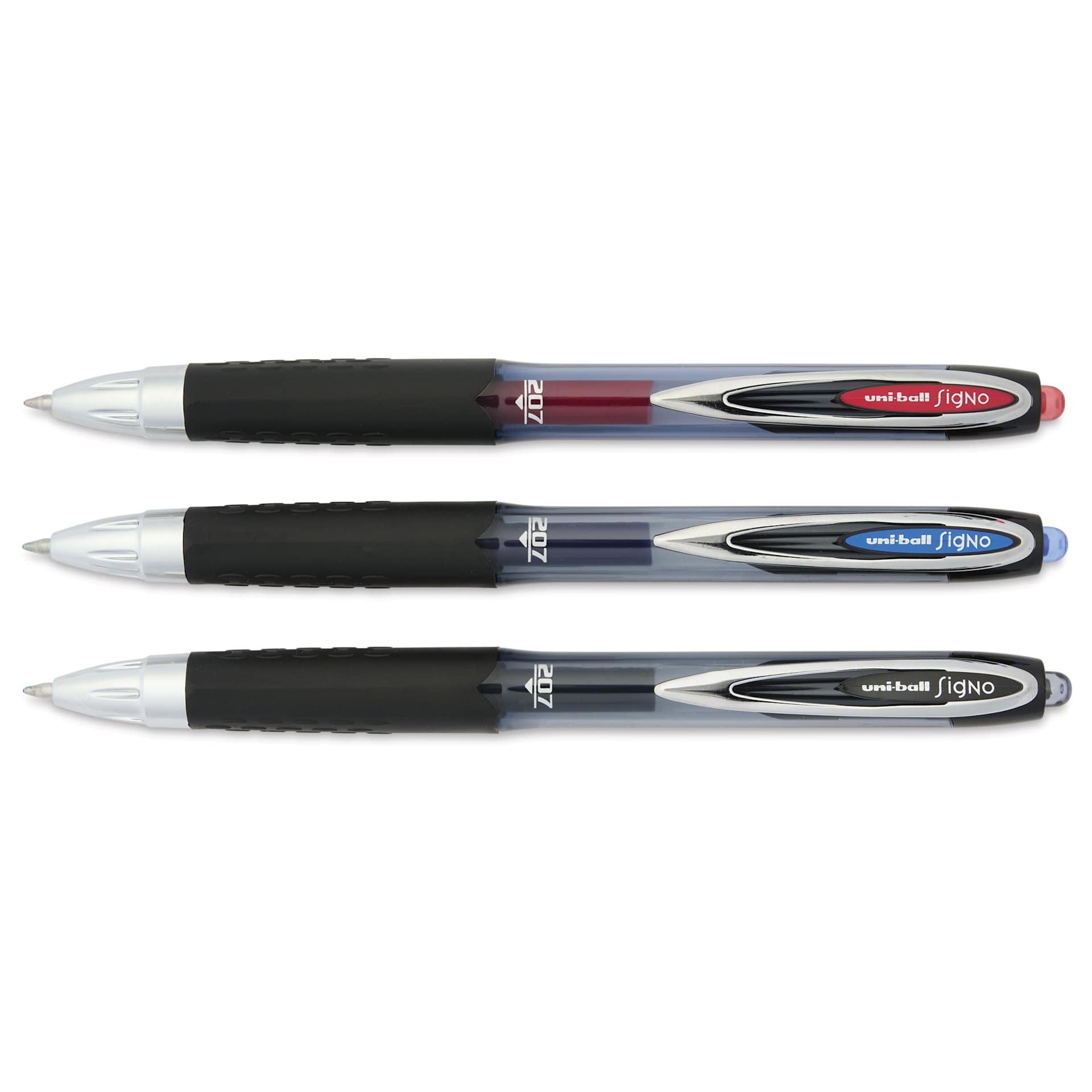 Uni-Ball Signo 207 Rollerball Gel Pens - Assorted Colors, 0.7 mm, Set of 3, tips shown