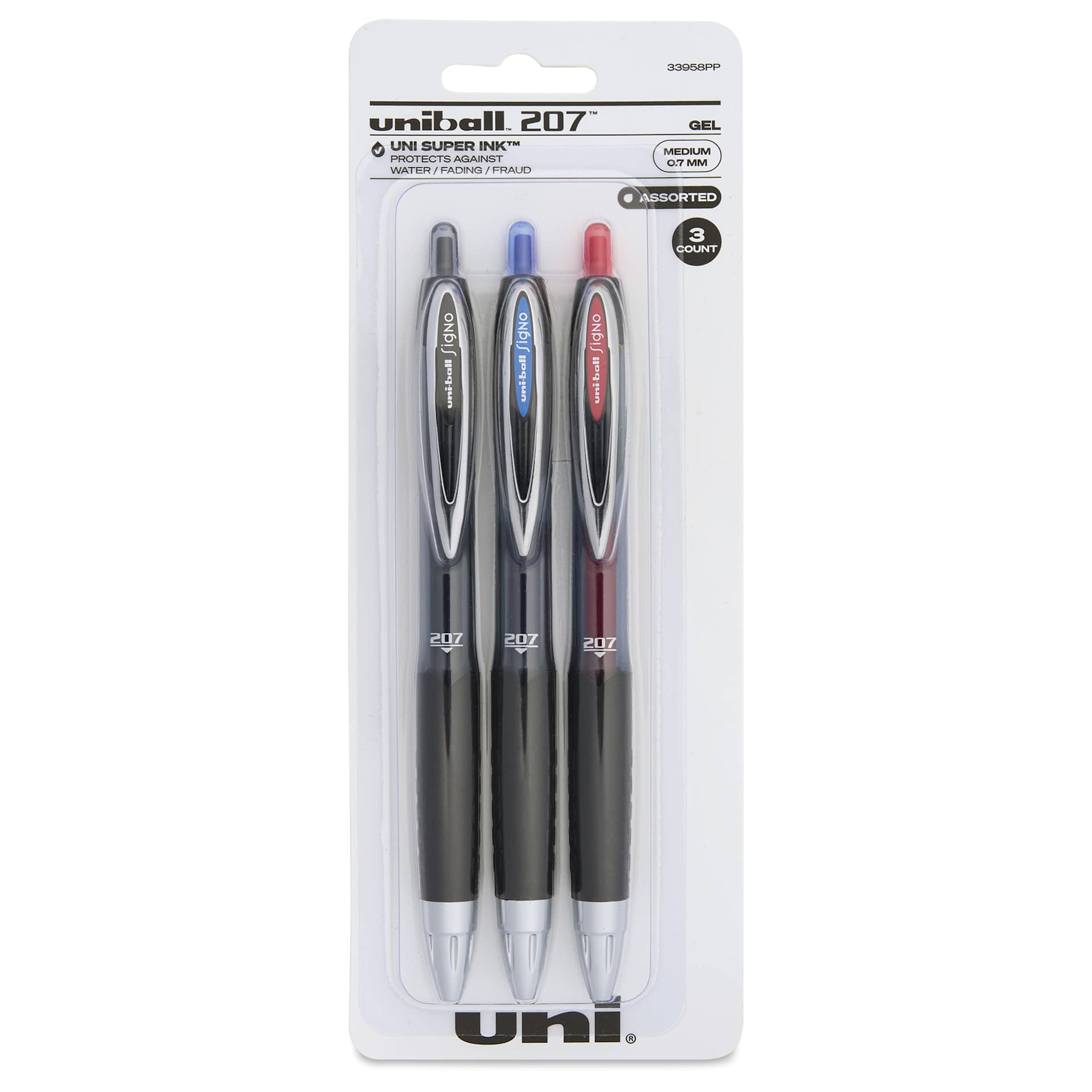 Uni-Ball Signo 207 Rollerball Gel Pens - Assorted Colors, 0.7 mm, Set of 3, front of the packaging