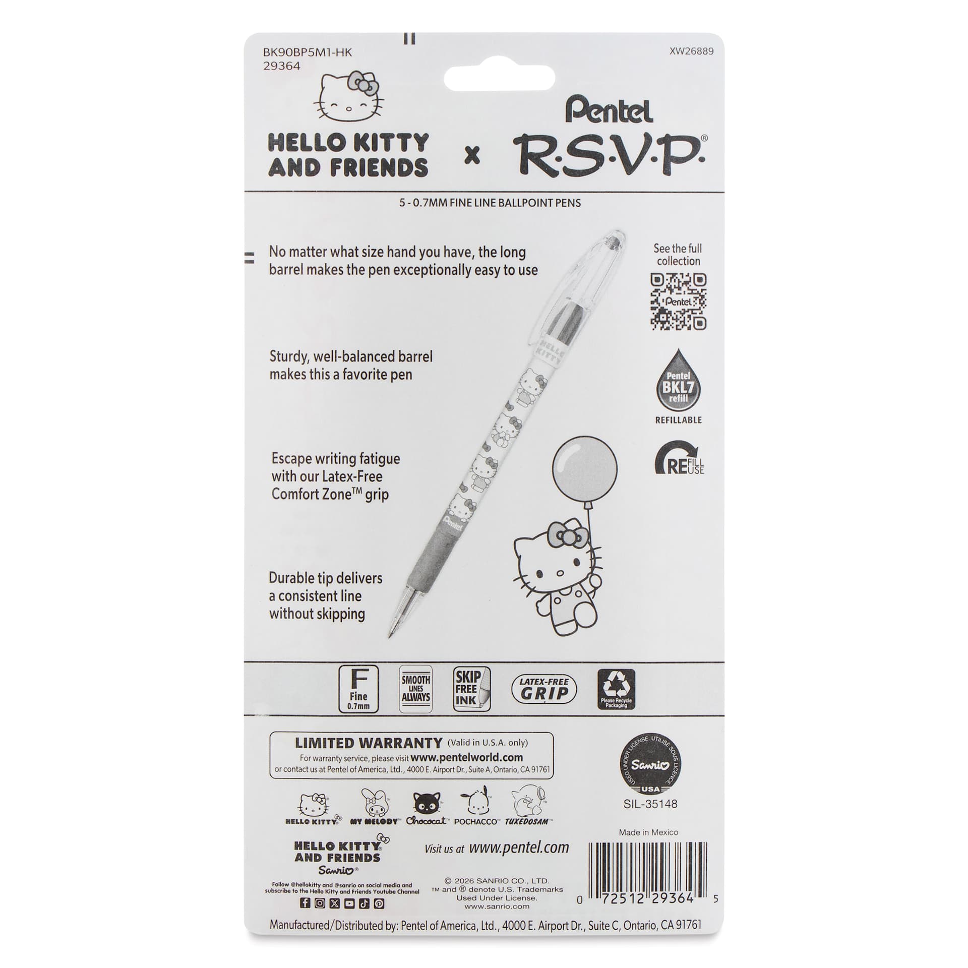 Pentel RSVP Colors Ballpoint Pens - Hello Kitty and Friends, Secondary Colors, Fine Tip, Set of 5, back of packaging
