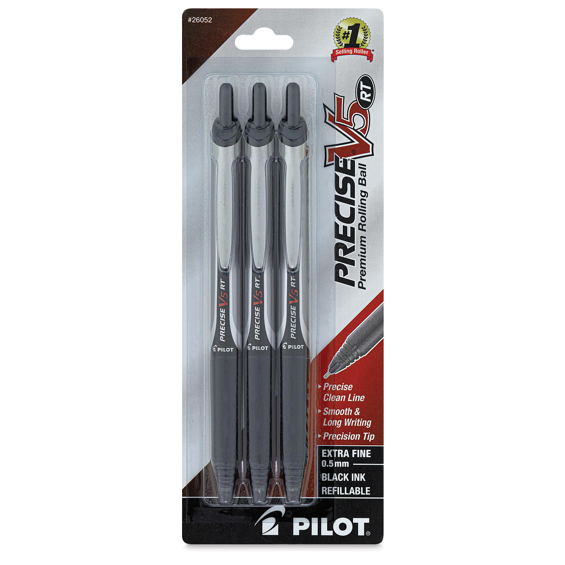 Pilot Precise V5 Retractable Pens - Black, Extra Fine, Pkg of 3, front of the packaging