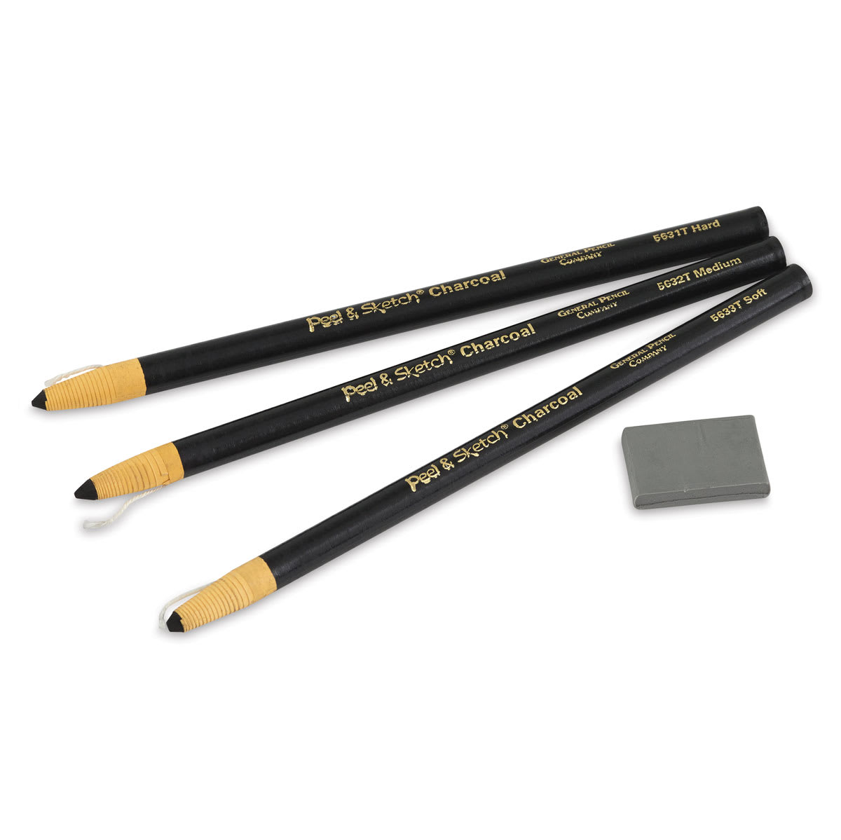 General's Charcoal Pencil Set- Components of 3 pc Set- 3 pencils Hard, Medium, and Soft, with eraser General's Charcoal Pencil Set- Components of 3 pc Set- 3 pencils Hard, Medium, and Soft, with eraser