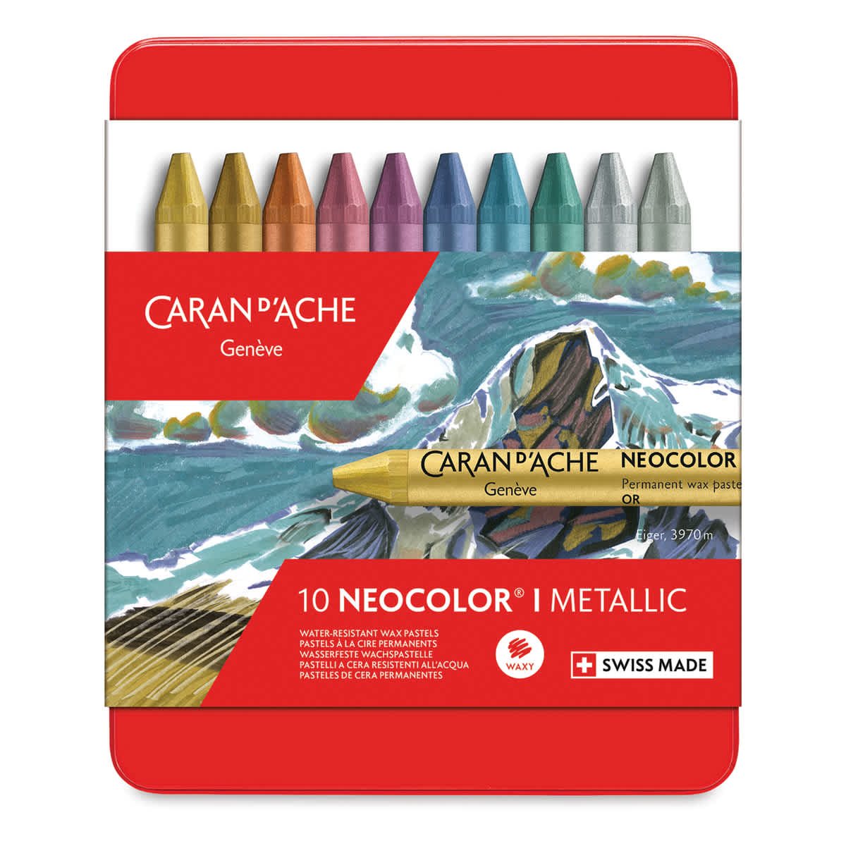 Caran d'Ache Neocolor I Wax Pastels - Metallics, Set of 10 (front of package)