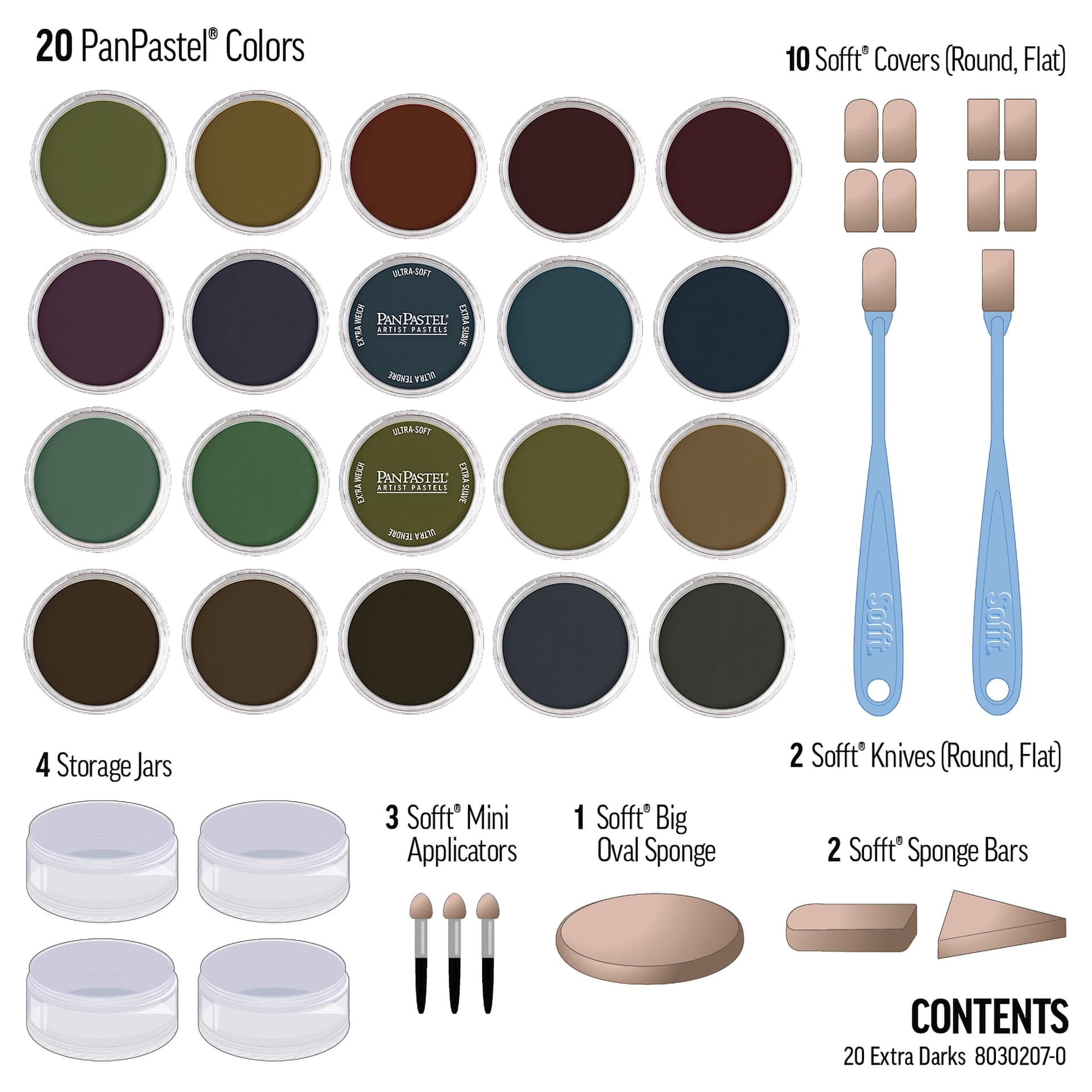 PanPastel Artists’ Painting Pastels Set - Extra Dark Shades, Set of 20 - contents