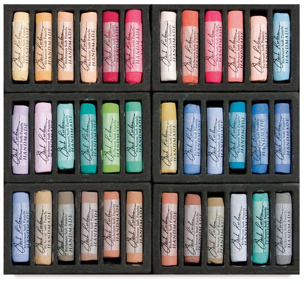 Richeson Handmade Soft Pastels and Sets -Top view of open package of Set of 36 Portrait Colors, Full Sticks Richeson Handmade Soft Pastels and Sets -Top view of open package of Set of 36 Portrait Colors, Full Sticks