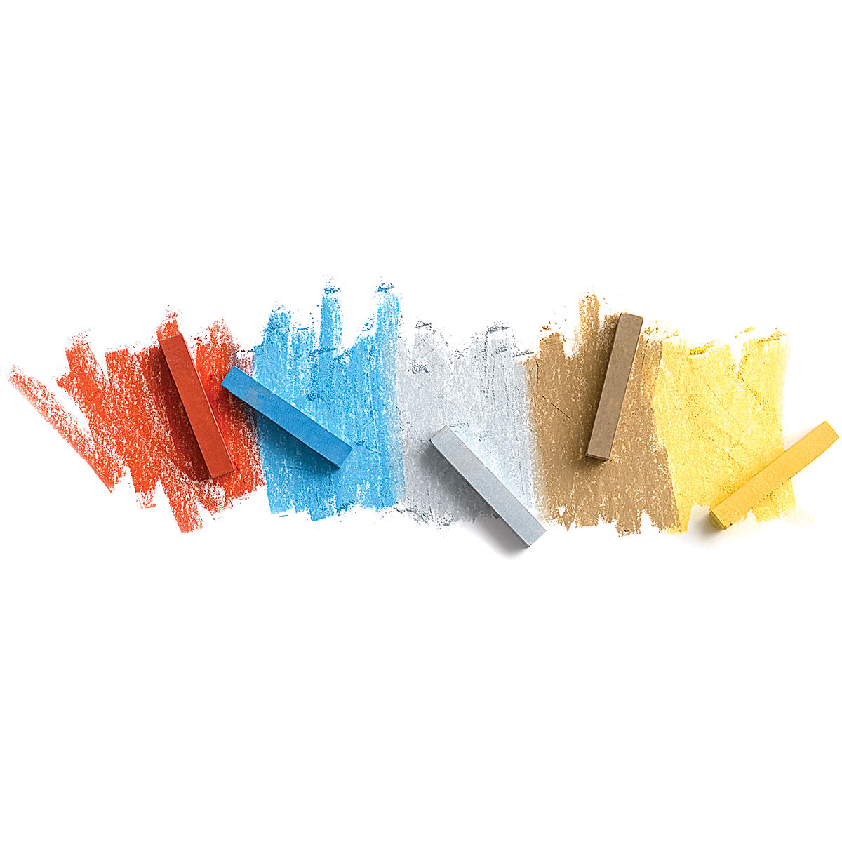 Holbein Artists' Soft Pastels, five pastels laid on top of their corresponding color swatch