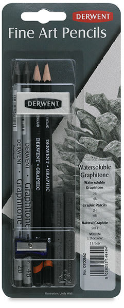 Water Soluble Pencil Set - Front view of blister pack showing pencils with sharpener and eraser
