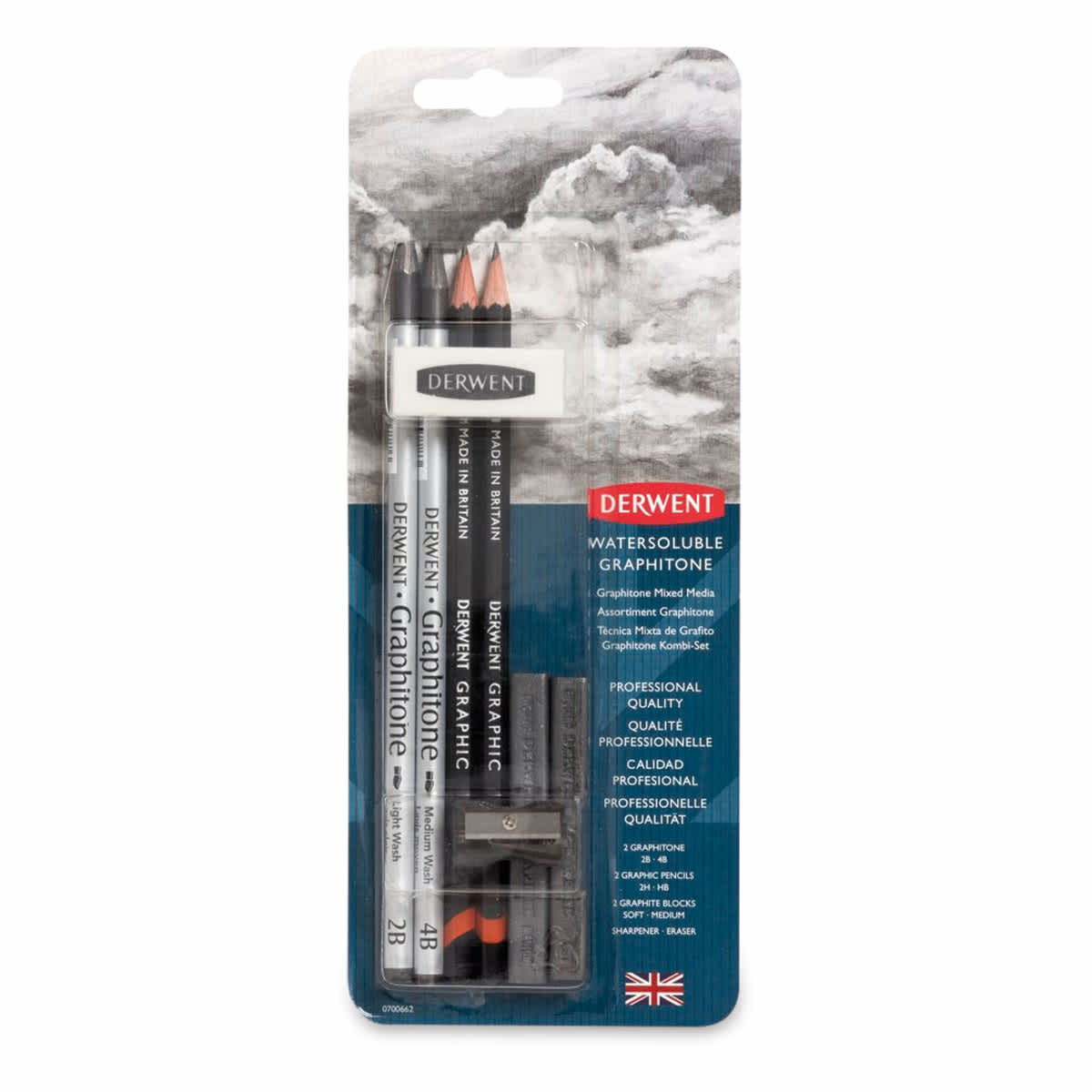 Derwent Graphitone Water Soluble Pencil Set - Front view of blister package of 4 pencils Derwent Graphitone Water Soluble Pencil Set - Front view of blister package of 4 pencils