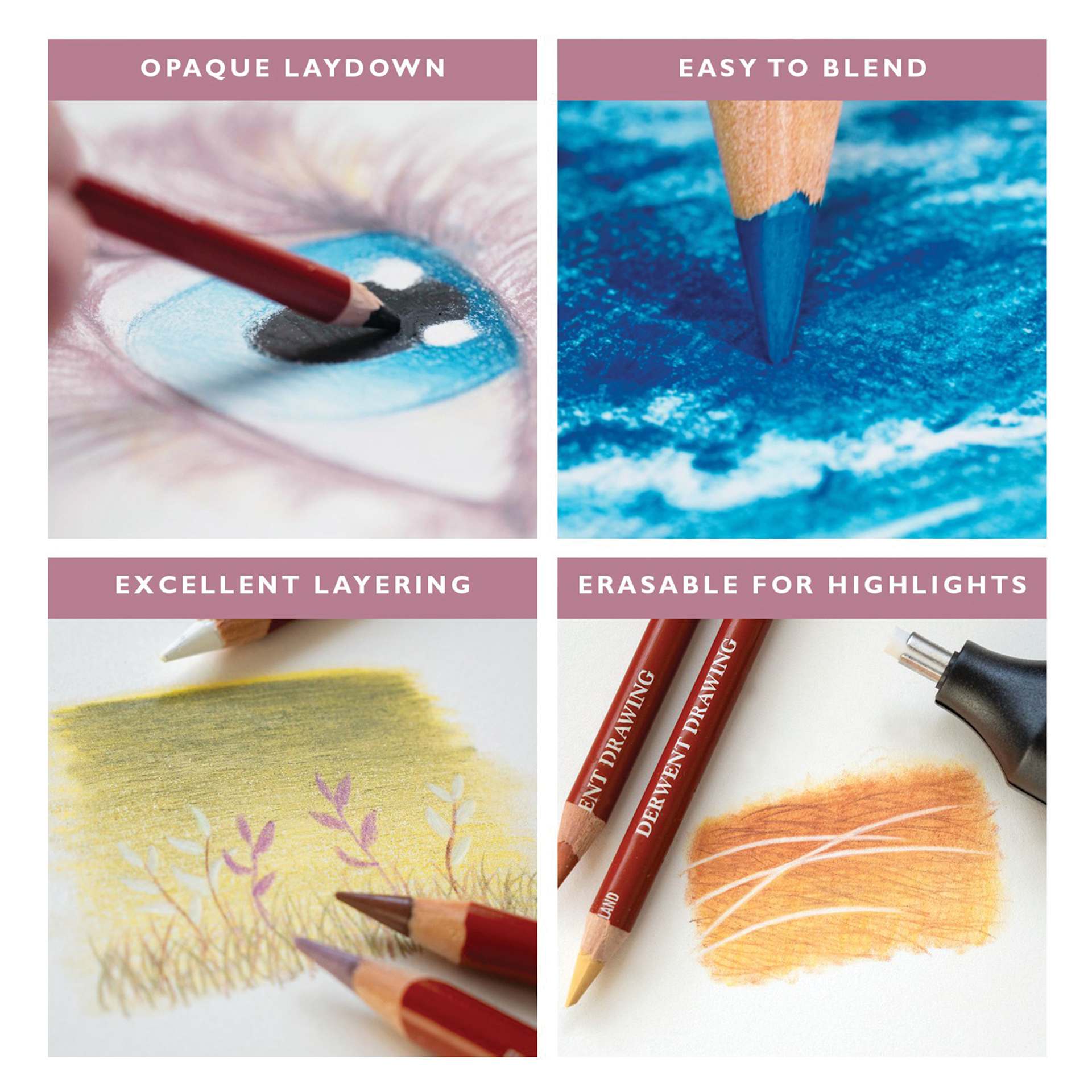 Opaque laydown. Easy to blend. Excellent layering. Erasable for highlights.
