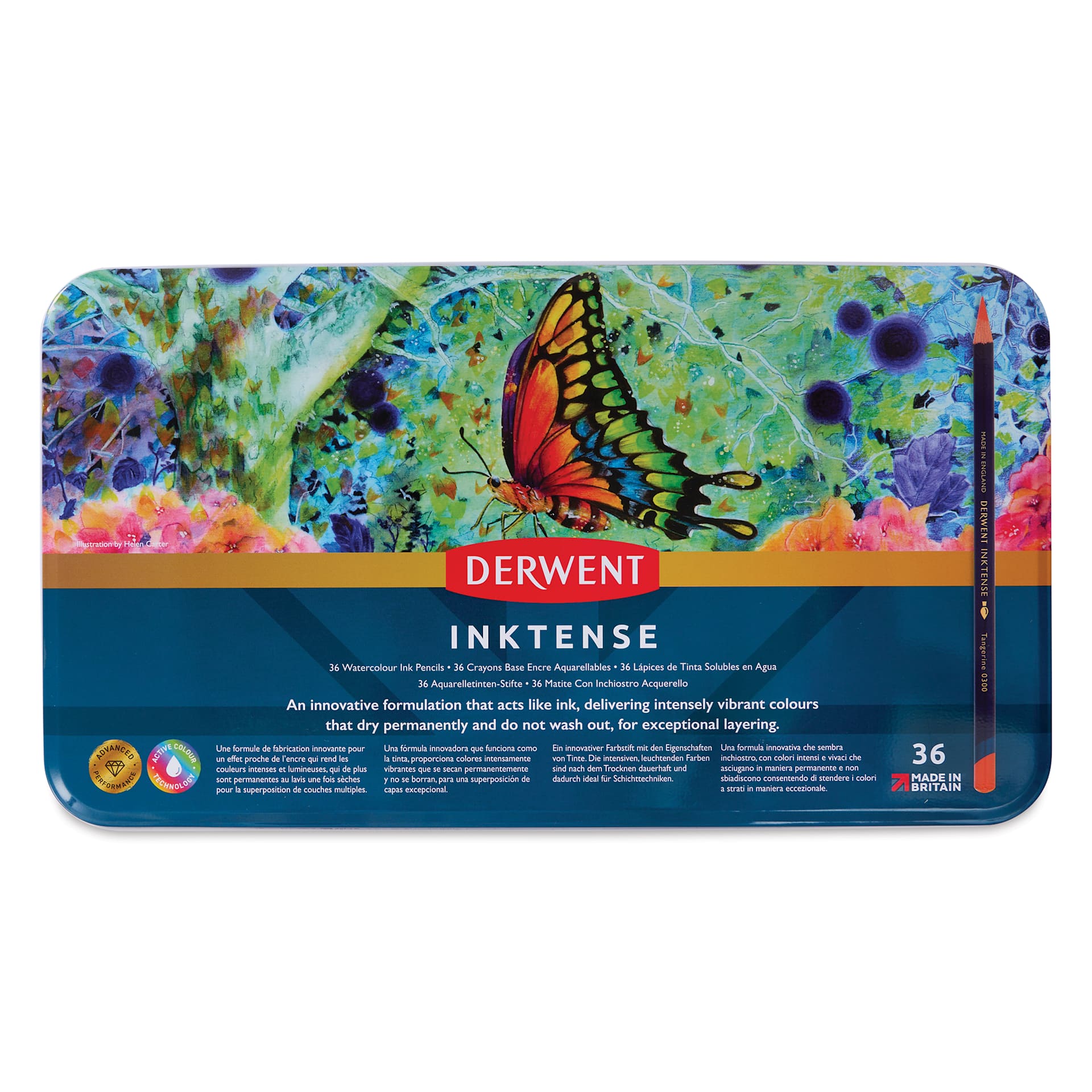 Derwent Inktense Pencil Set - Assorted Colors, Tin Box, Set of 36, front of tin