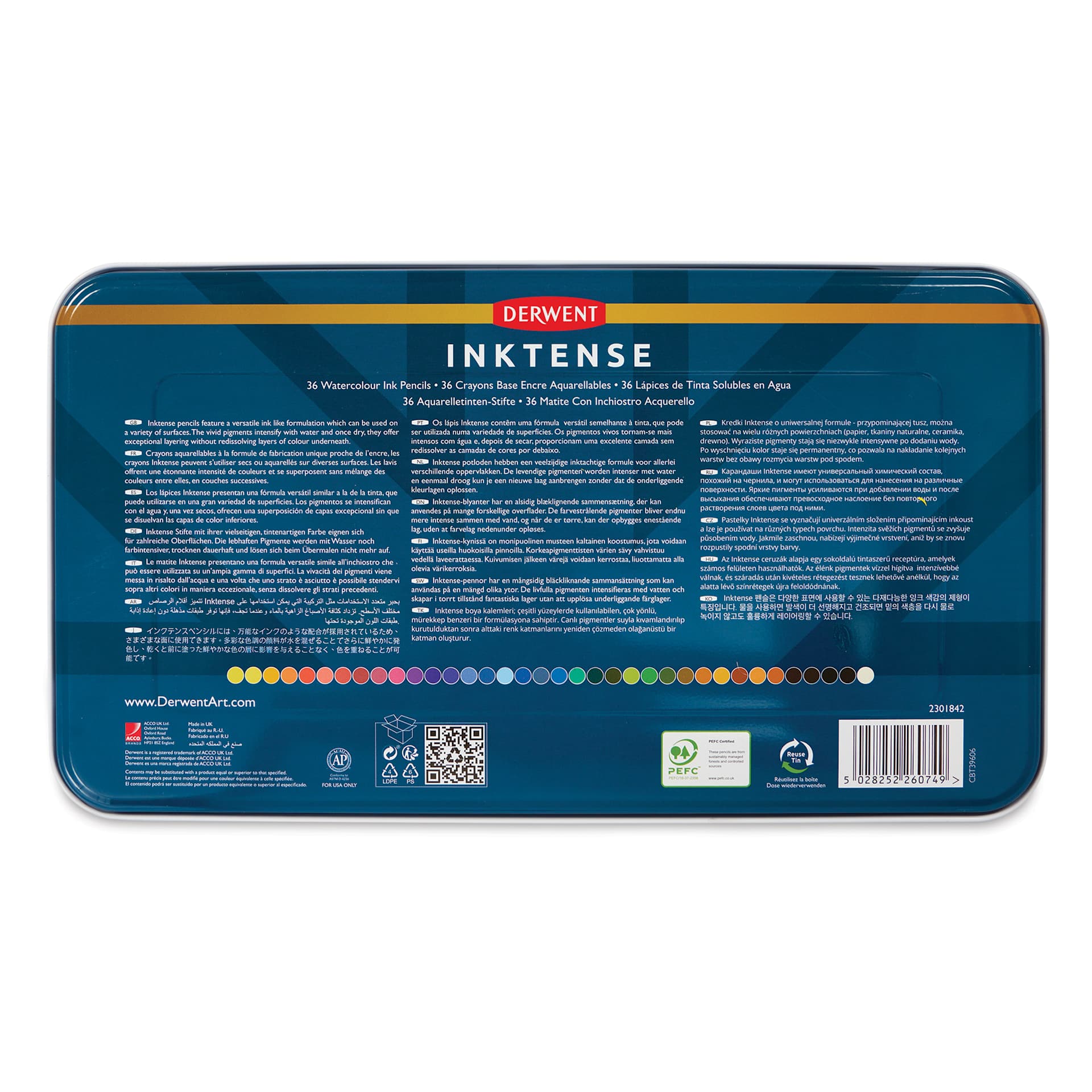 Derwent Inktense Pencil Set - Assorted Colors, Tin Box, Set of 36, back of tin