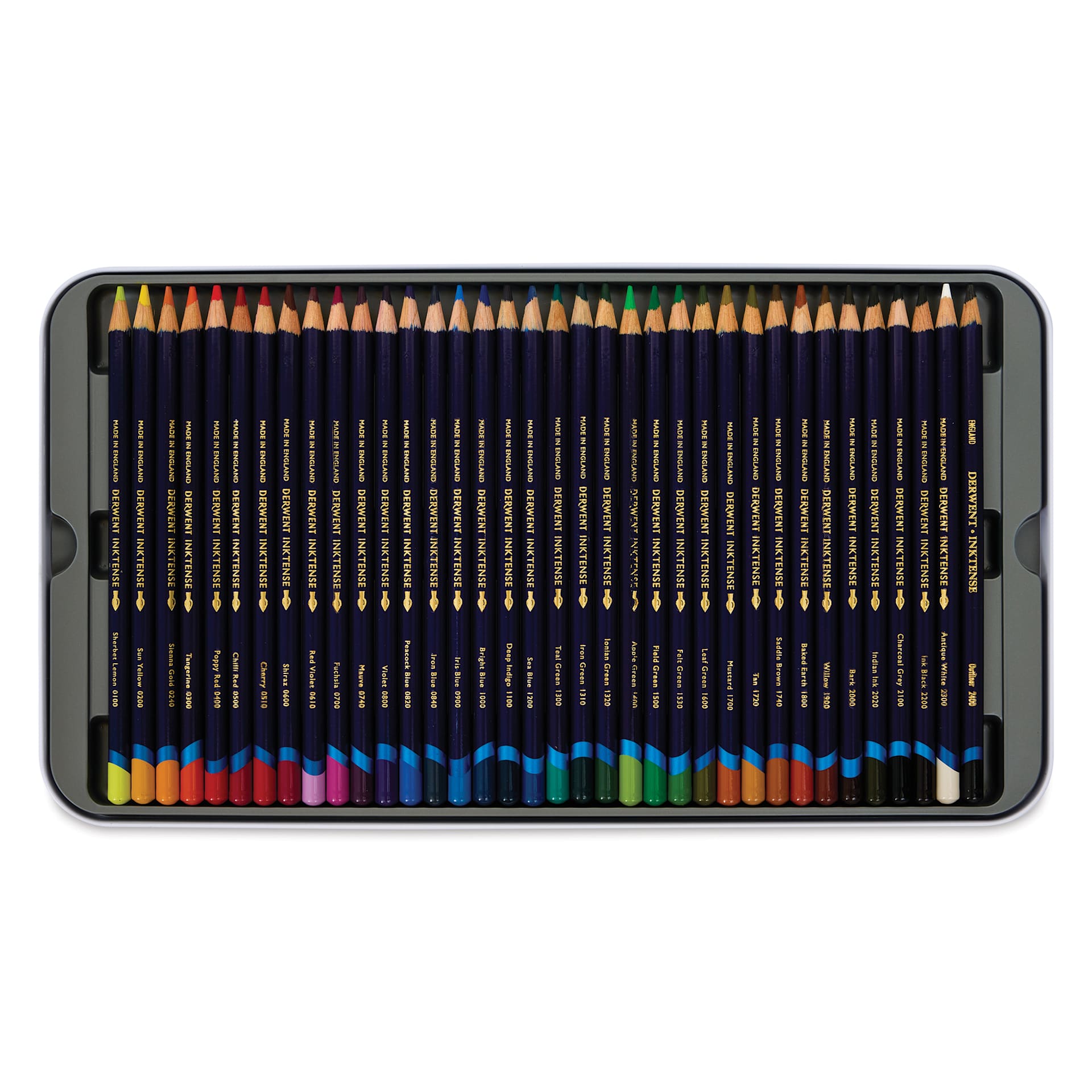 Derwent Inktense Pencil Set - Assorted Colors, Tin Box, Set of 36, open