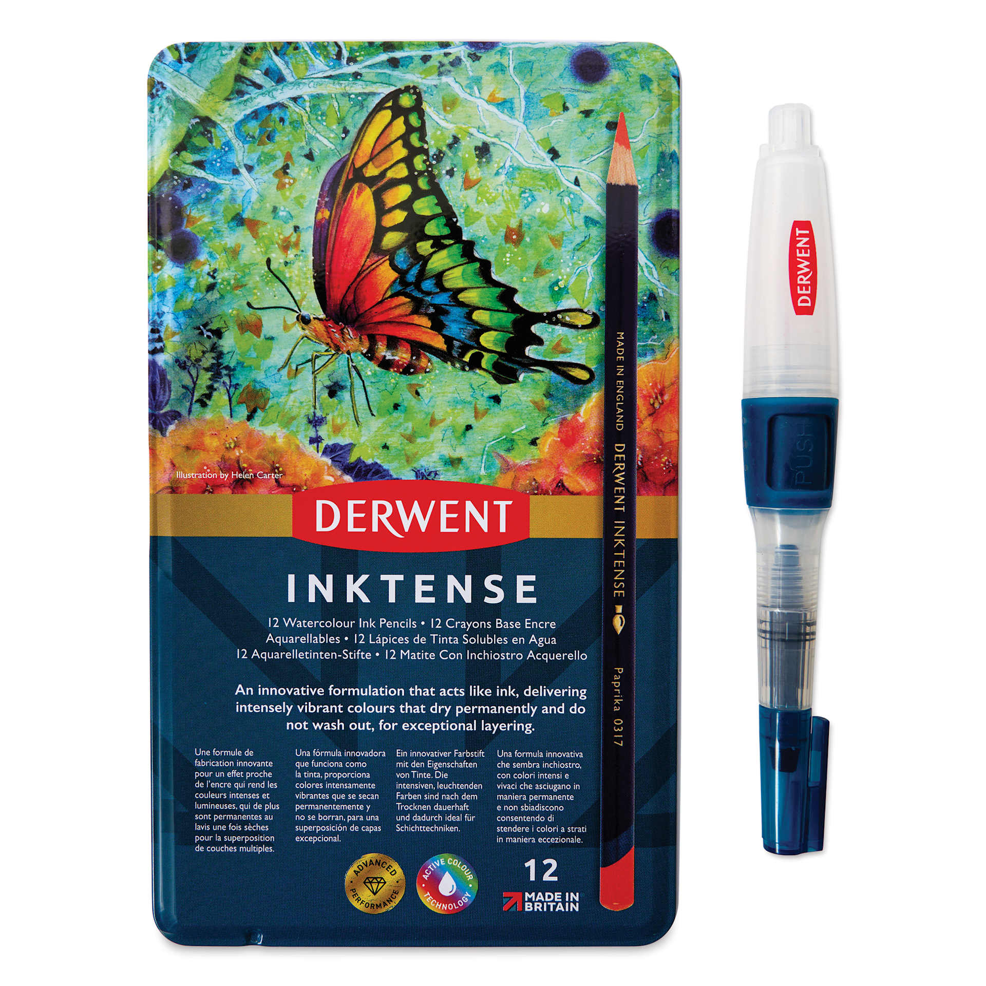 Derwent Inktense Pencils, front of the Tin Box Set of 12 with push button waterbrush Derwent Inktense Pencils, front of the Tin Box Set of 12 with push button waterbrush