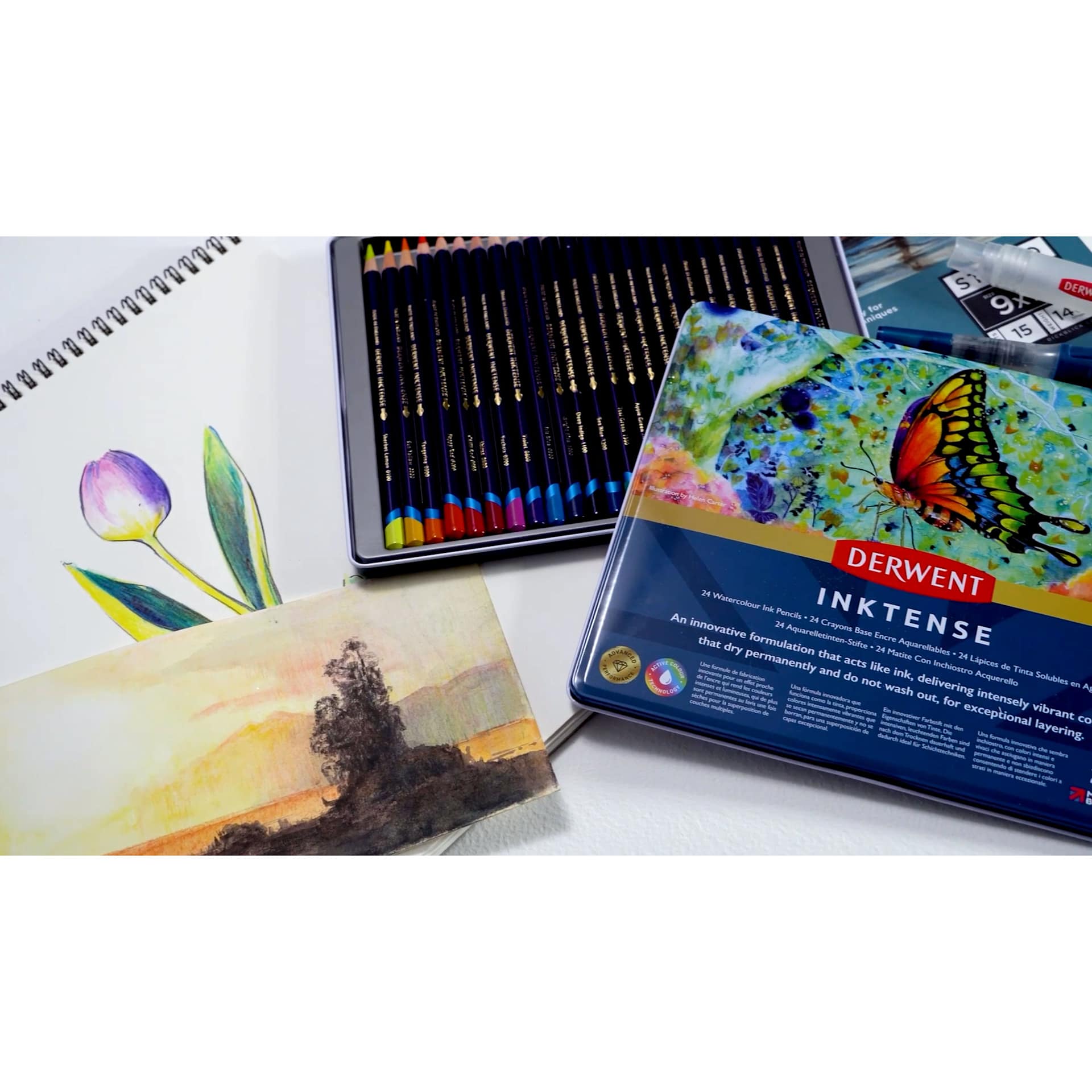 Derwent Inktense Pencils and Sets, drawing with set on desk Derwent Inktense Pencils and Sets, drawing with set on desk