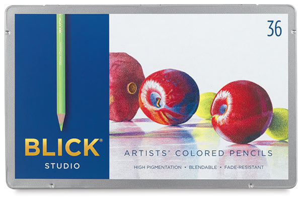 Blick Studio Artists' Colored Pencils - Assorted Colors, Set of 36. Front of closed tin box. Blick Studio Artists' Colored Pencils - Assorted Colors, Set of 36. Front of closed tin box.