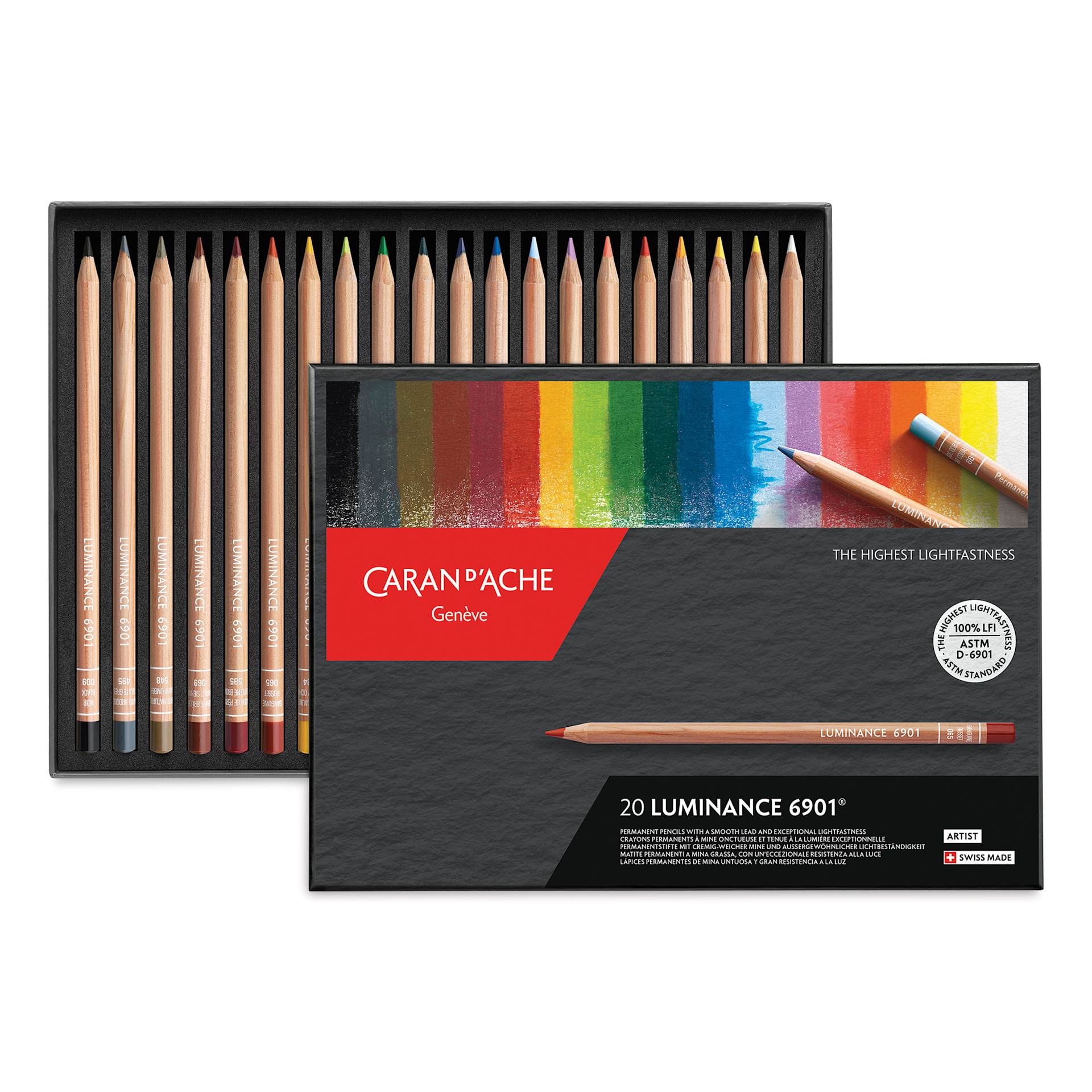 Caran d'Ache Luminance Colored Pencils - Assorted Colors, Set of 20 open box with contents