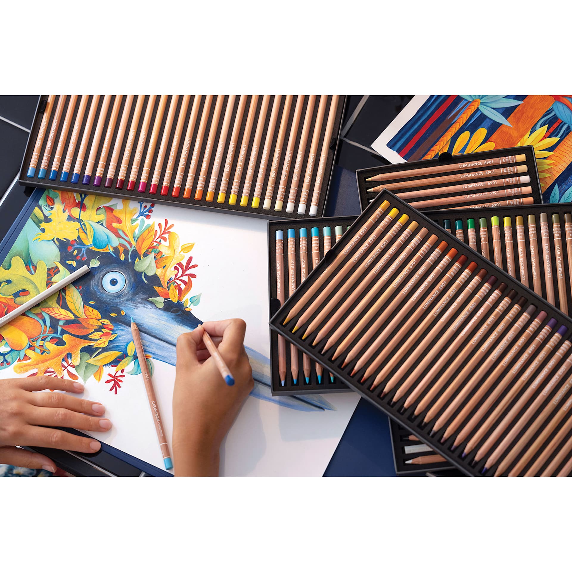 Caran d'Ache Luminance Colored Pencils and Sets in use on desk