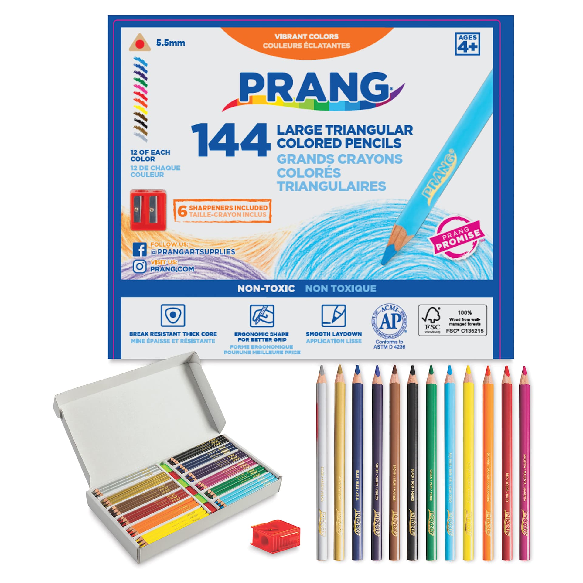 Prang Large Triangular Colored Pencils - Assorted Colors, Class Pack, Set of 144, packaging and contents