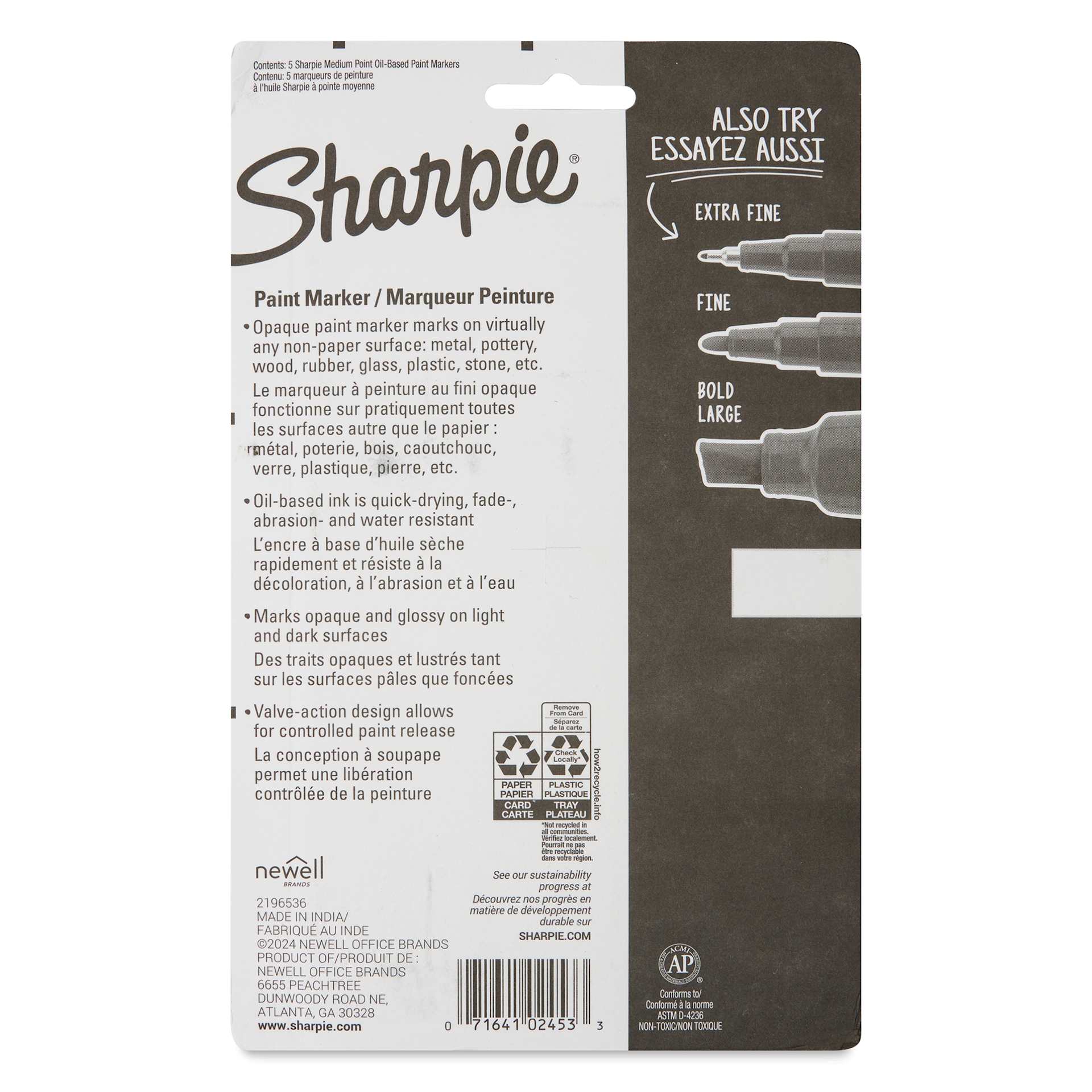 Sharpie Oil-Based Paint Marker - Fashion, Medium Point, Set of 5, back of the packaging
