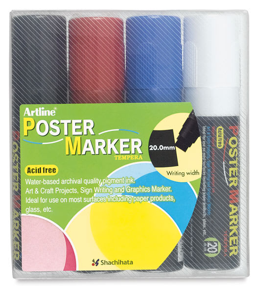 Artline Poster Markers - Front view of package of 4 Primary 29.0 mm tip Markers