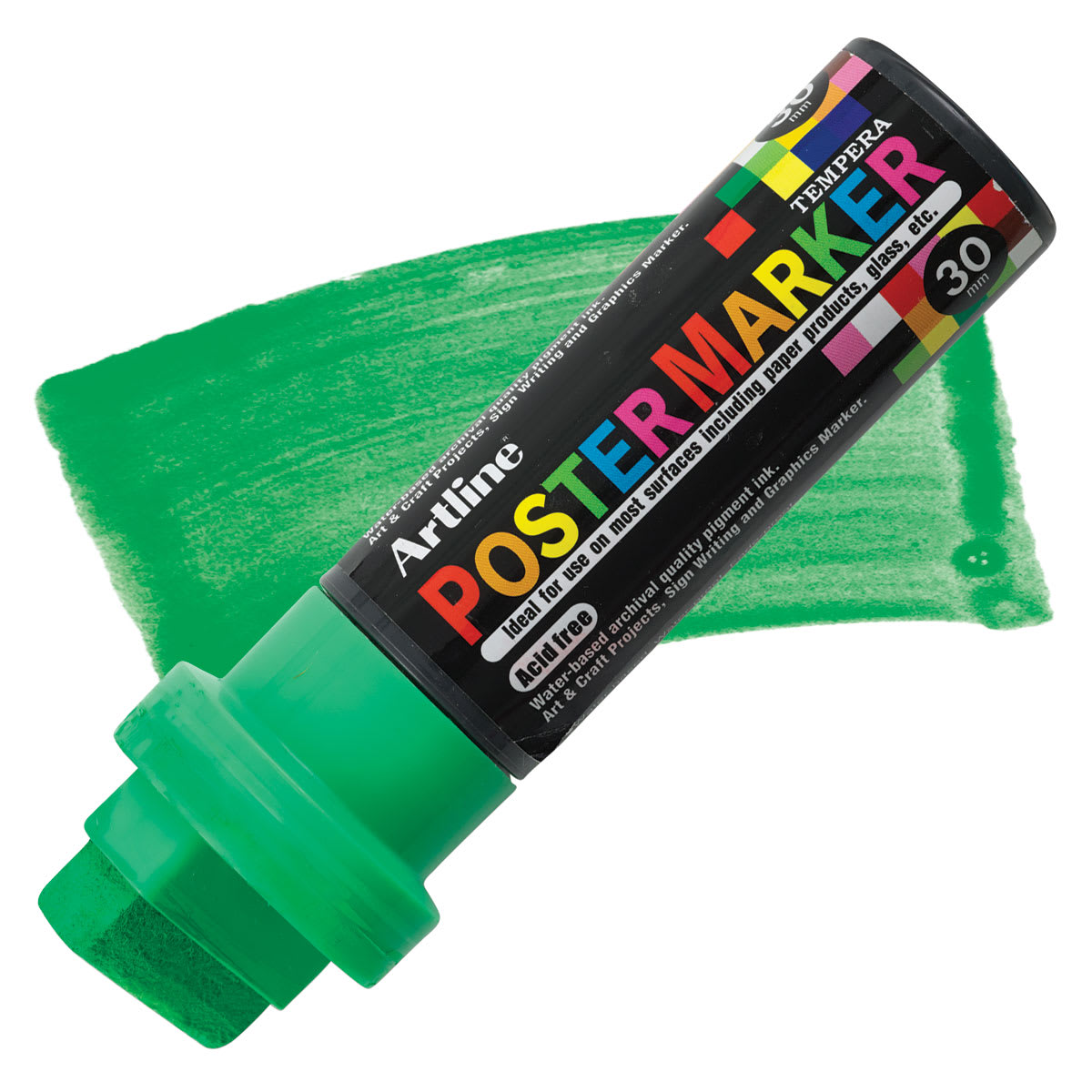 Artline Poster Markers - 30 mm Tip, Fluorescent Green marker and swatch