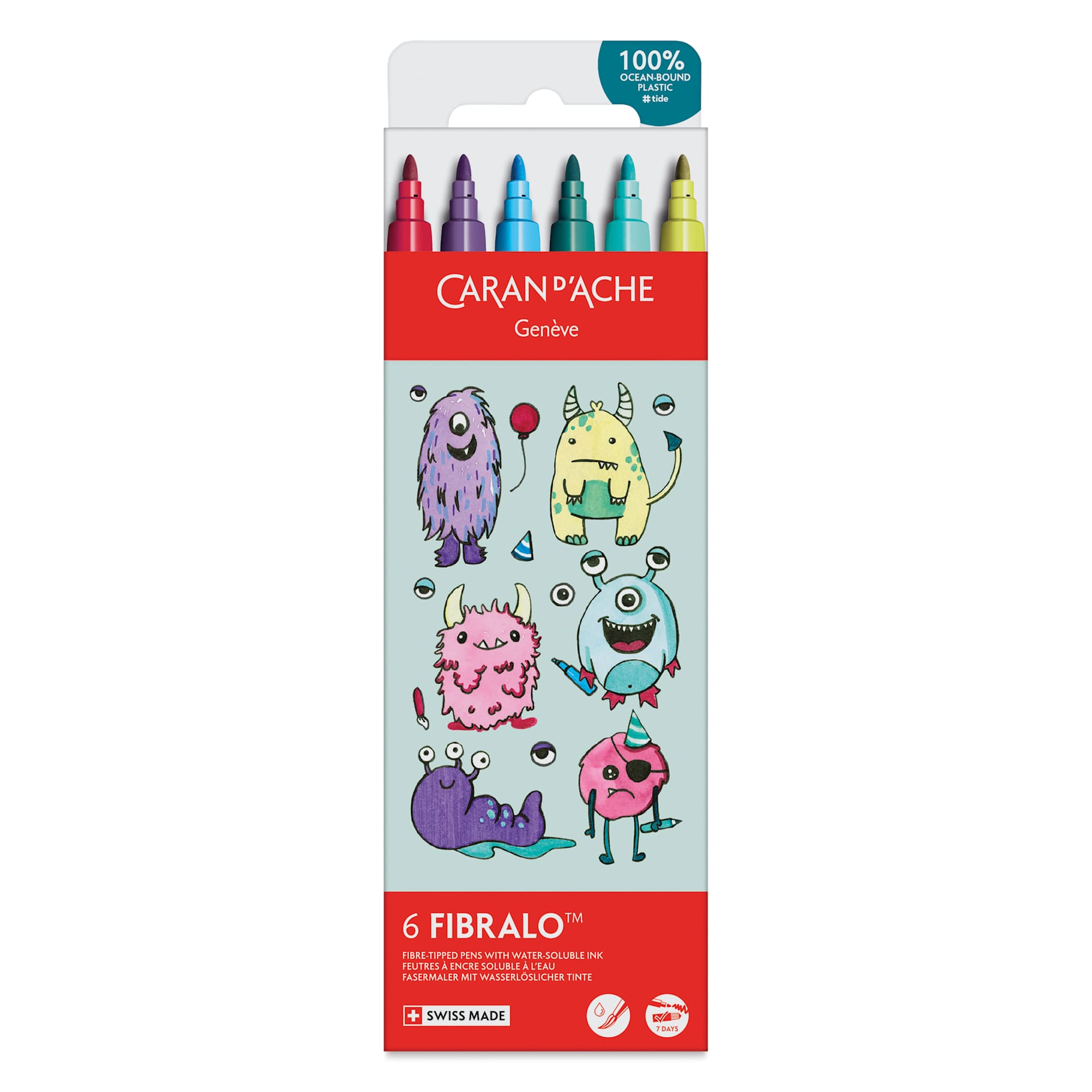 Caran d'Ache Fibralo Water-Soluble Markers - Set of 6, Kawaii Funny Monsters