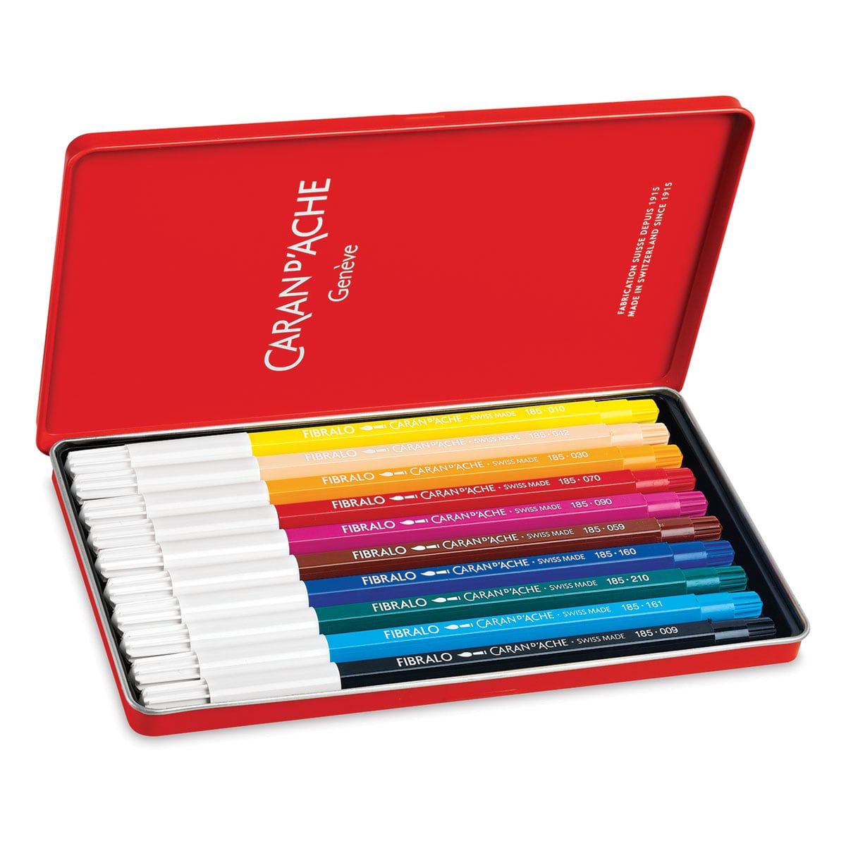 Caran d'Ache Fibralo Marker Sets - Components of package of 10 shown in open storage tin