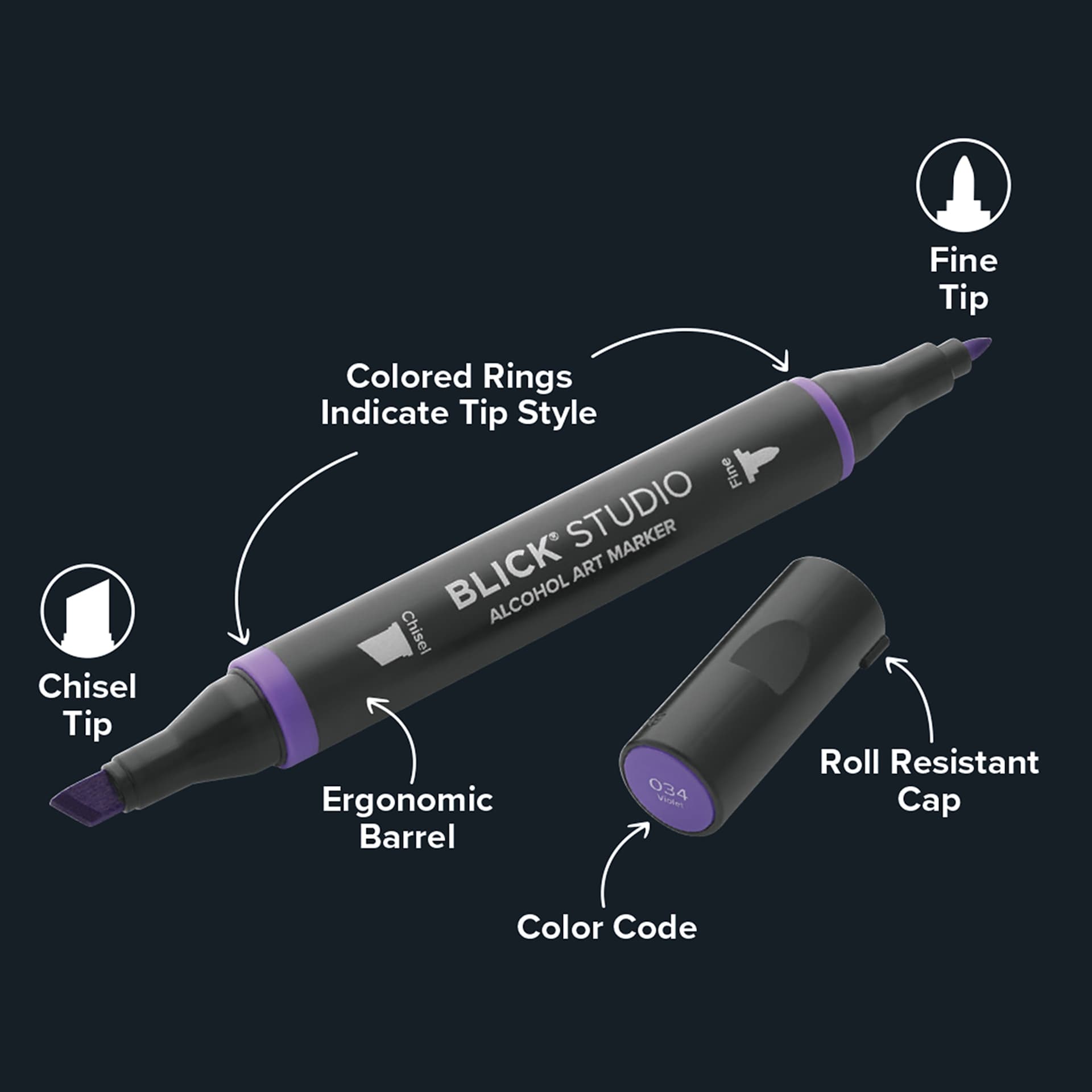 Blick Studio Double-Ended Alcohol Art Markers - Information Graphic of Single Uncapped Marker, Violet