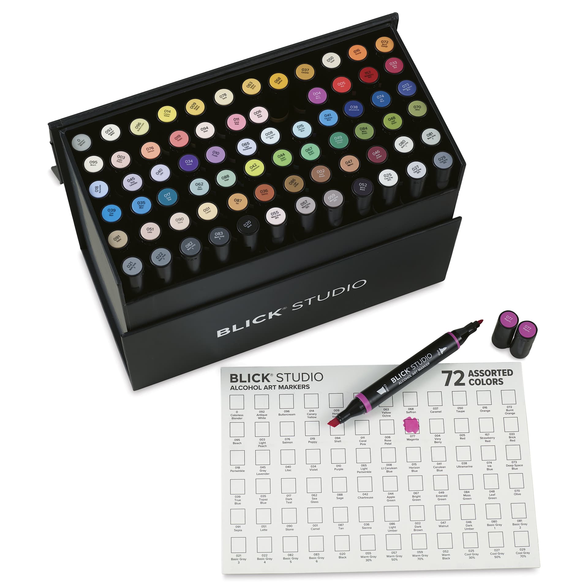 Blick Studio Double-Ended Alcohol Art Markers - Assorted Colors, Set of 72, open with marker and swatch card